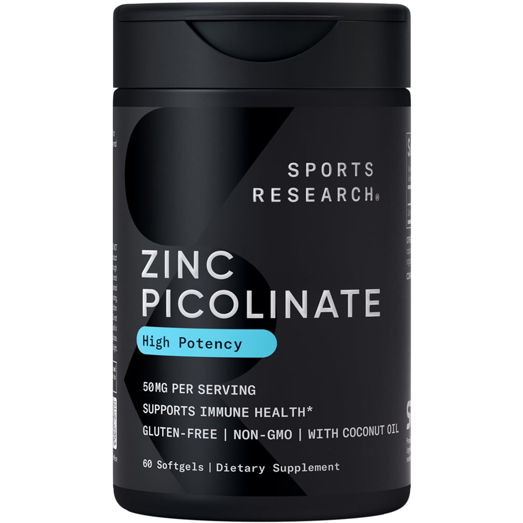 Sports Research® Zinc Picolinate 30mg w/Organic Coconut Oil, 90 Softgels | High Potency Zinc Supplement for Healthy Immune & Enzyme Function - Non-GMO Tested & Gluten-Free, 90 Servings