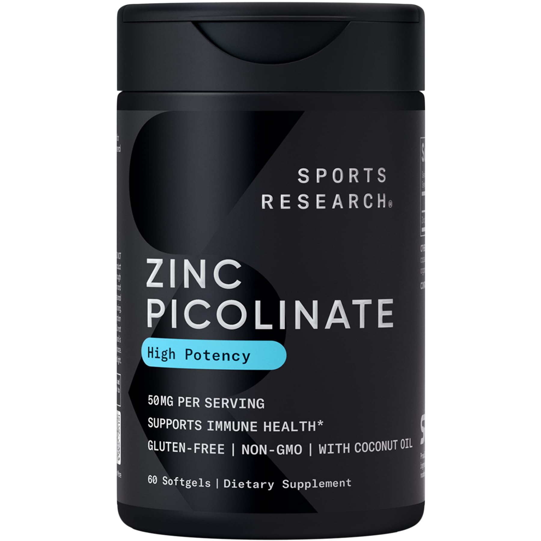 Sports Research® Zinc Picolinate 30mg w/Organic Coconut Oil, 90 Softgels | High Potency Zinc Supplement for Healthy Immune & Enzyme Function - Non-GMO Tested & Gluten-Free, 90 Servings