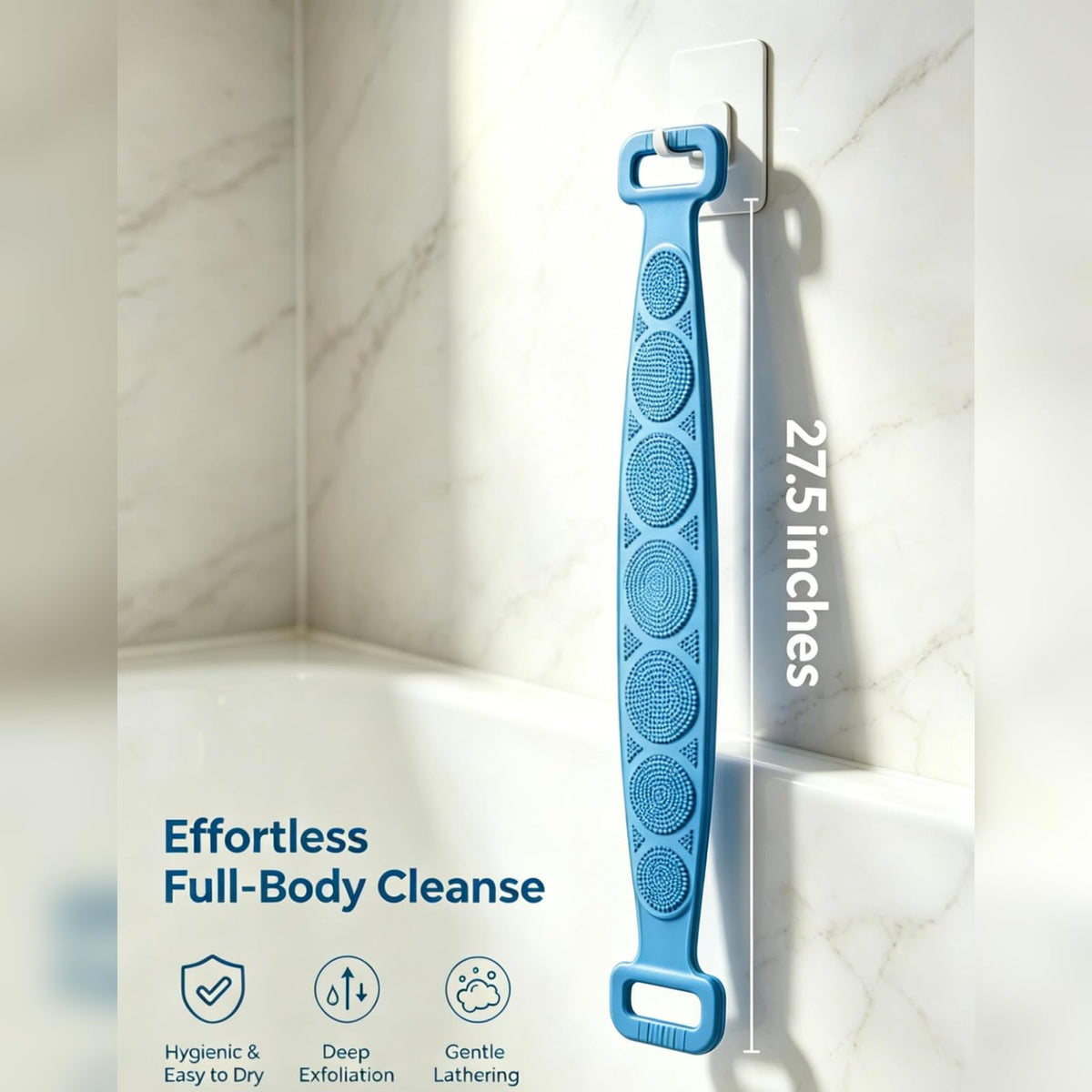 Silicone Back Exfoliator Scrub Strap for Shower, 27.56 Inch Dual-Sided for Exfoliate & Massage, Hygienic Durable & Easy to Clean, Unisex Body Scrubber, Blue & Purple 2 Pack