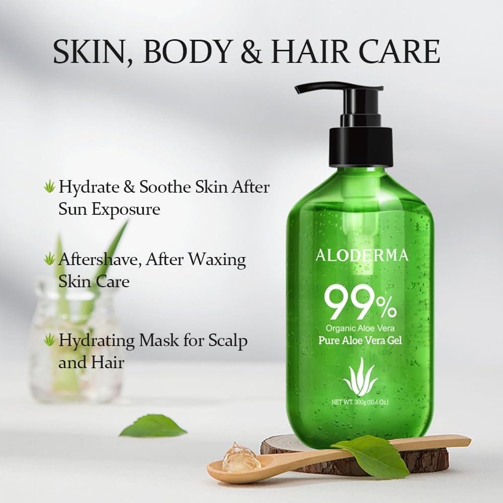 Aloderma Aloe Vera Gel Made within 12 Hours of Harvest with 99% Pure Organic Aloe Vera - Pump Bottle - Ideal for Face and Body, Soothing & Hydrating Sunburn Relief, Great for Scalp & Hair - 10.6oz