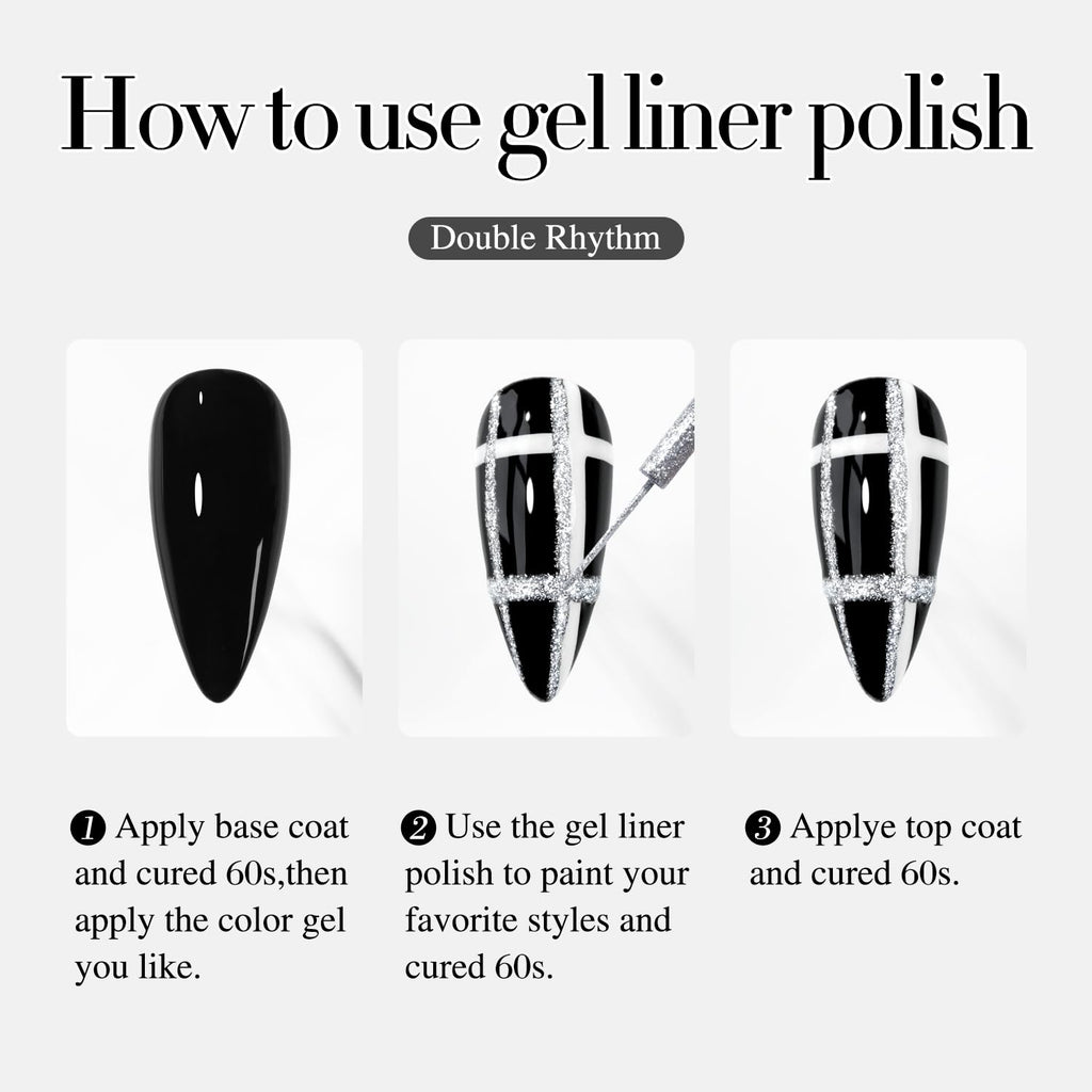 Three-step guide on using Double Rhythm 15 Ml Metallic Gel Liner, showcasing application process with nail polish.
