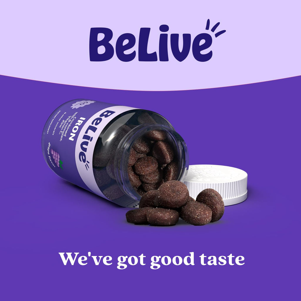 BeLive Iron Gummies, Multivitamin Supplement, Blood Oxygen Support, 120 Ct | With Vitamin C, B Complex, Folate, and Zinc for Women, Men & Kids for Growth and Development, Grape Flavor