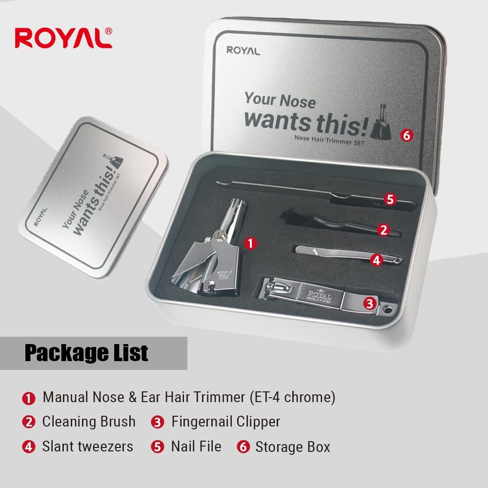 Buy now ROYAL [Made in Korea] Nose Hair Trimmer for Men Set, Birdie Set, with Nail Clippers and Tweezers, Manual, Battery-Free, Waterproof, Painless with Twelve Dual-Edged Blades, Patented Mechanism RET-4 at indiglob india