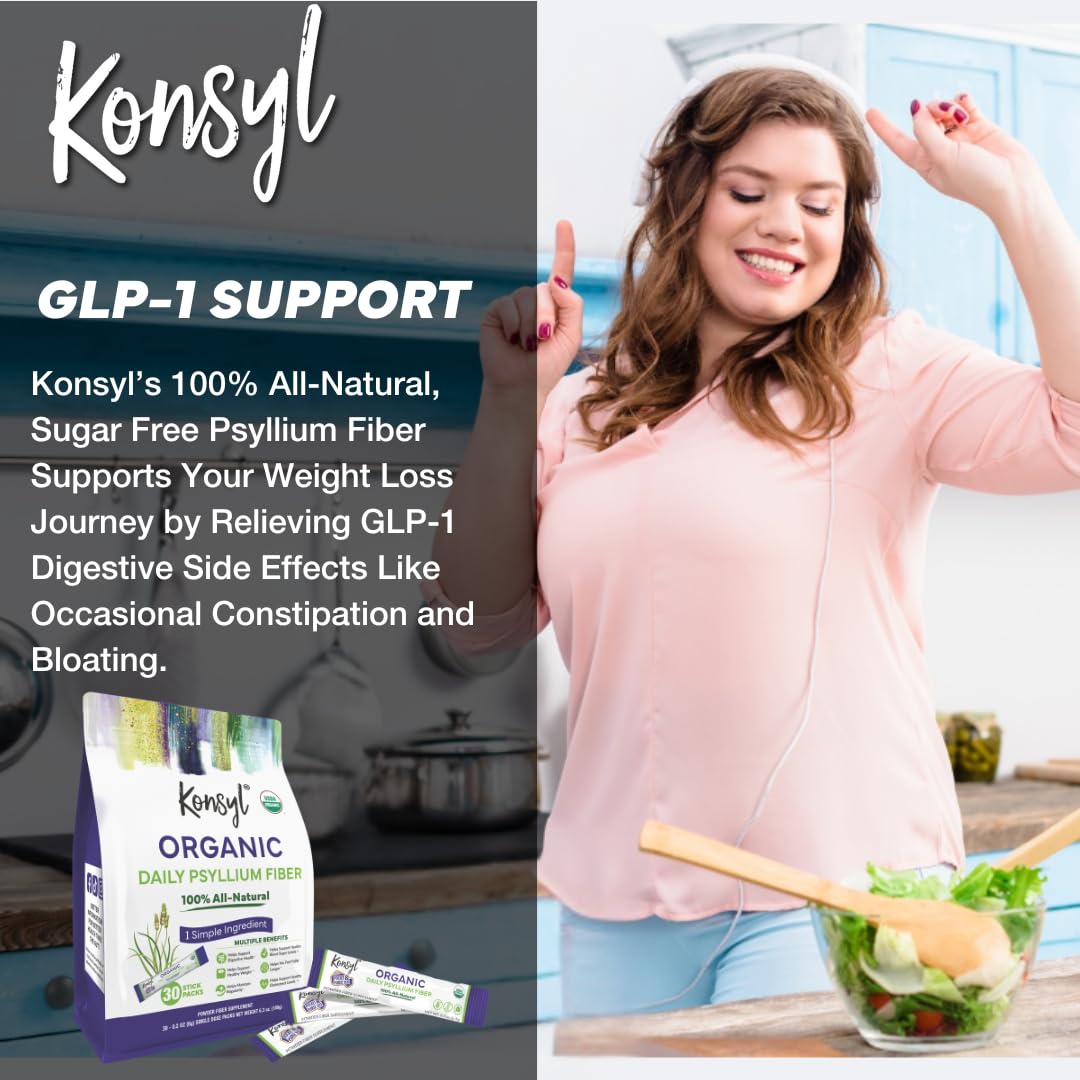 Konsyl USDA Organic Psyllium Husk Powder - 5g Sticks, 30 Pack - Natural Unflavored Soluble Dietary Fiber Supplement - Fiber Prebiotic for Digestive Support and Gut Health - Sugar Free, Keto & Vegan