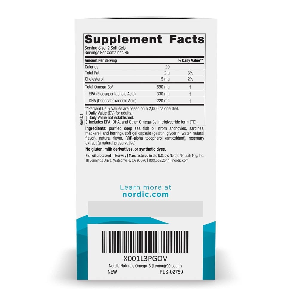 Nordic Naturals Omega-3, 690mg Fish Oil, EPA & DHA, Lemon - 90 Count | Omega-3 fish oil supports immune, brain & heart health. Optimal Wellness. Non-GMO, burpless. 45 servings.