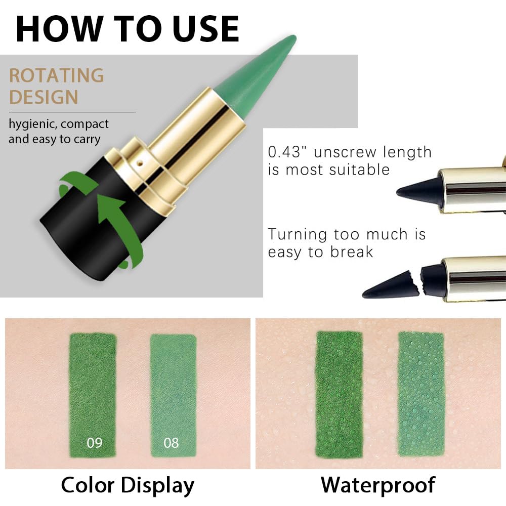 Kaely's 2Pcs Gel Eyeliner Pencil in vibrant green shades. Features a rotating design for easy application and compact portability.