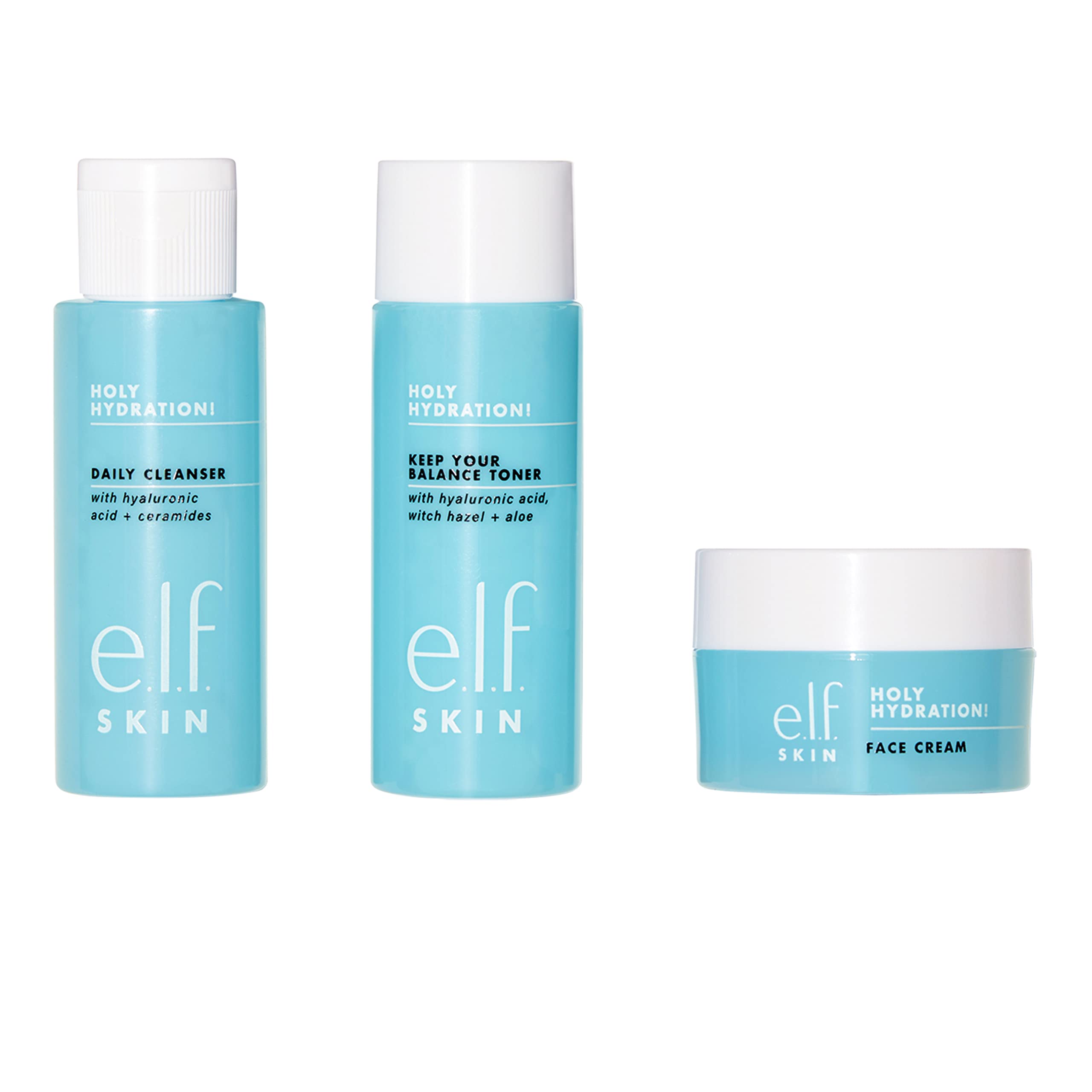 Buy now e.l.f. Skin Holy Hydration! The Essentials Mini Kit, Cleanser, Toner & Moisturizer for Hydrated & Balanced Skin, TSA-Friendly Sizes at indiglob india