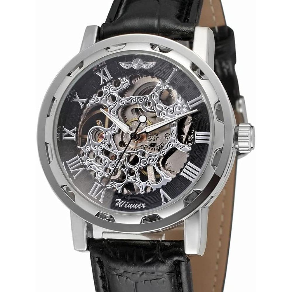 Buy now Men's Fashion Mechanical Wristwatch Transparent Dial with Skeleton Design Leather Band Automatic Manual-Winding Watch at indiglob india