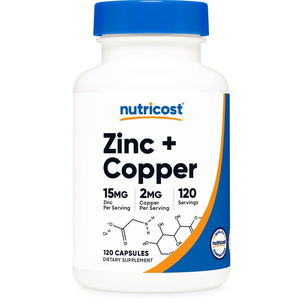 Nutricost Zinc + Copper Capsules, 120 Servings, GMO-Free, Vegetarian | 15MG Zinc + 2MG Copper Per Serving