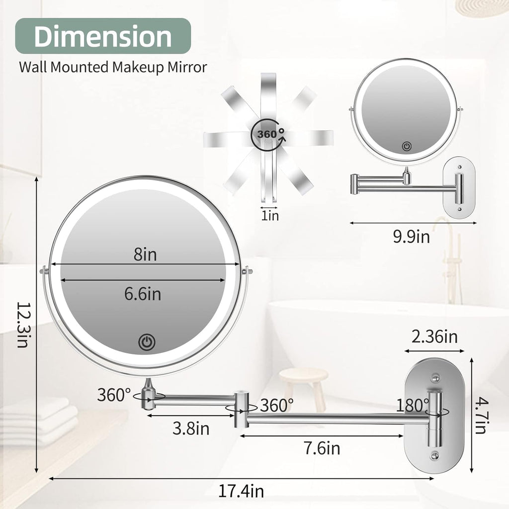 Buy now Rechargeable Wall Mounted Lighted Makeup Vanity Mirror 8 inch 1X/10X Magnifying Bathroom Mirror with 3 Color Lights, Double Sided with Dimmable LED Lights, Extended Arm 360Â° Swivel Extension Mirror at indiglob india