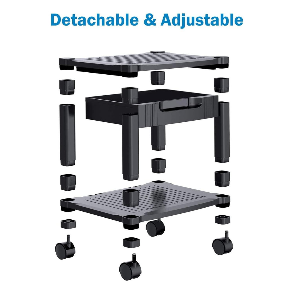 HUANUO Printer Stand with Cable Management and Storage Drawer, Printer Table with Locking Wheels, 14.1-inch Maximum Height Printer Cart for Under Desk, Home, Office, HNDPS