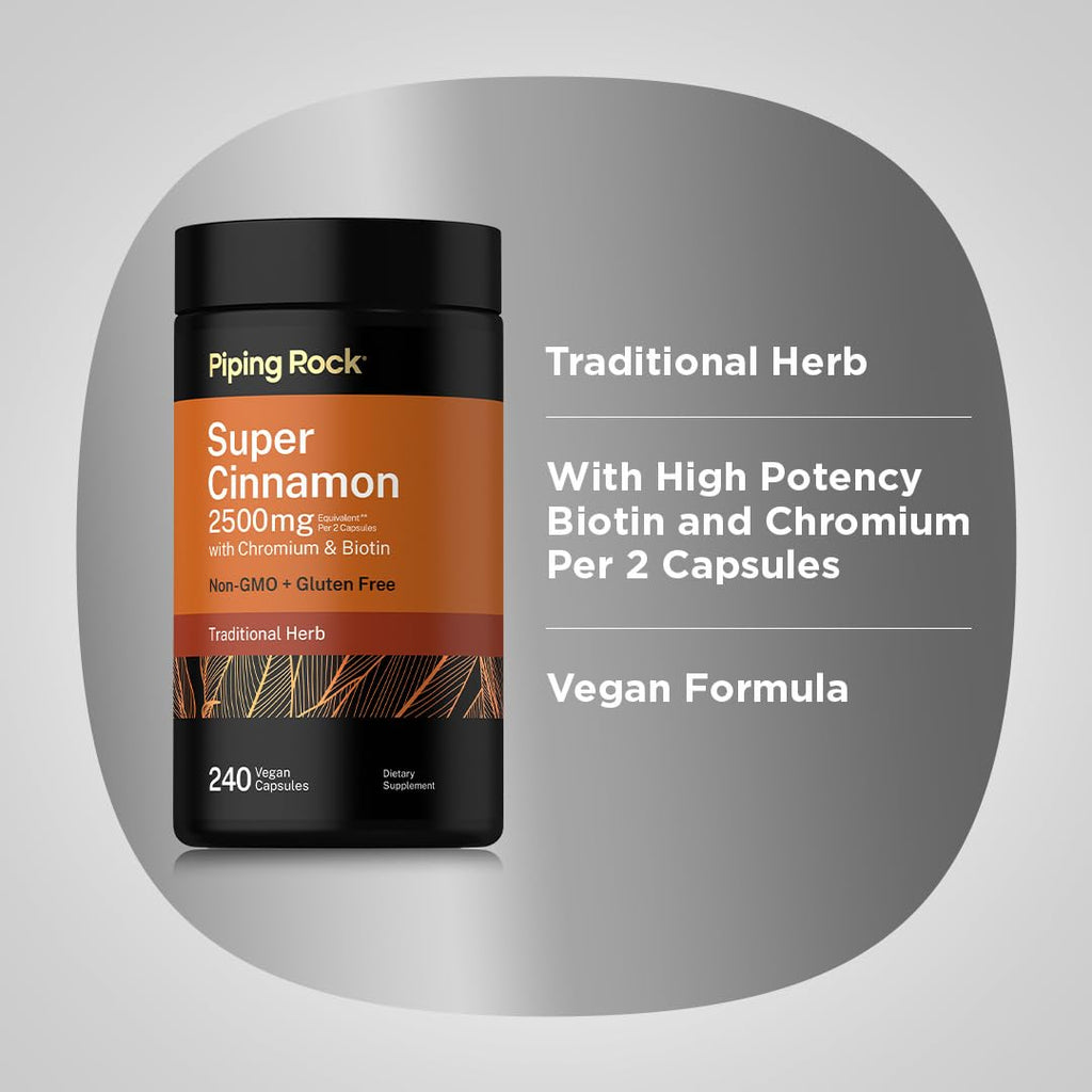 Piping Rock Super Ceylon Cinnamon Complex Capsules | 240 Powder Pills | Extract Supplement with Chromium and Biotin | Vegetarian, Non-GMO, Gluten Free