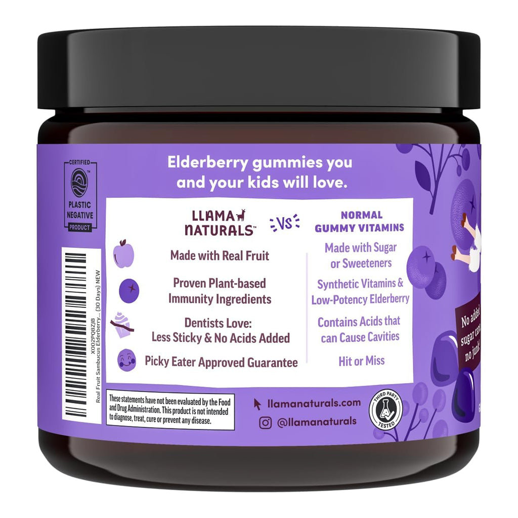 Llama Naturals Elderberry Gummies for Kids, Vegan, Organic Immune Support Supplement with Vitamin C and Zinc, Toddler Real Fruit Gummy Vitamins for Immunity, Chewable, No Added Sugar Cane, 60 Ct