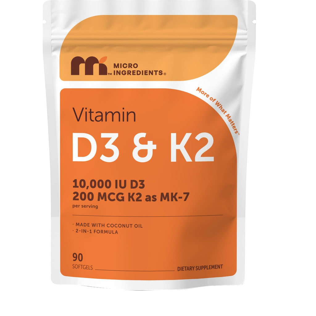 Micro Ingredients Vitamin D3 K2 MK-7 10,000 IU Per Serving, 300 Softgels | Made with Virgin Coconut Oil, K2 200 mcg Per Serving. D3 & K2 Vitamin Supplement. Easy-to-Swallow. Non-GMO, Gluten Free.
