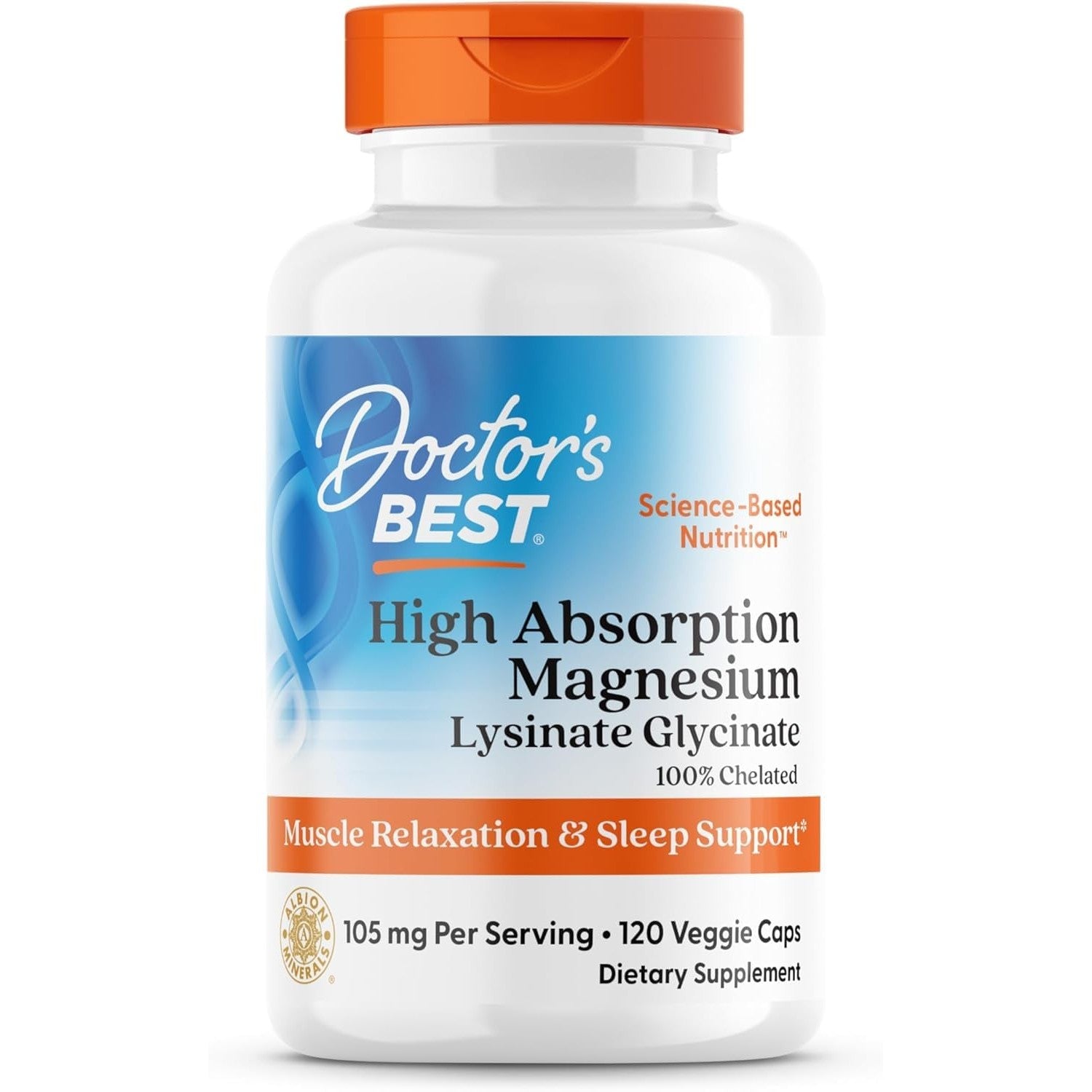 Doctor's Best High Absorption Magnesium Glycinate Lysinate Supplement for Sleep Support - Chelated Magnesium Capsules for Women & Men, 105 mg per Serving, Calm Support, Vegan - 120 Veg Caps