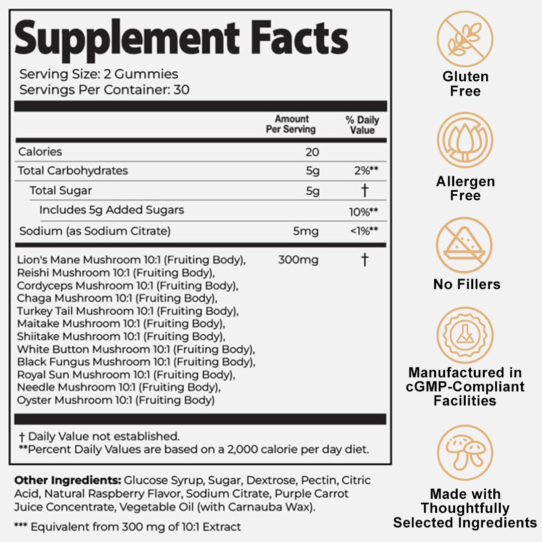 Nutrition Super Mushroom Daily Gummies – All-in-One Functional Gummy with 12 Mushroom Blend Including Lion’s Mane, Reishi, Chaga & Cordyceps – 60 Gummies