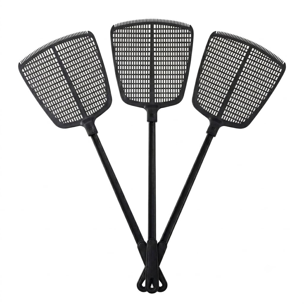 Fly Swatter for Indoors - Heavy Duty 20" Fly Swatters Multi Pack - Long Handle Plastic Manual Flyswatter Mesh Head - Black, 3 Pack