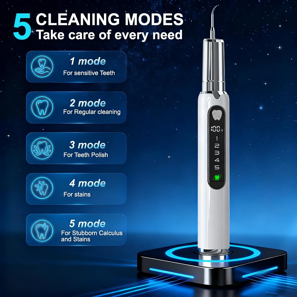 Plaque Remover for Teeth–5 Modes, LED, USB-C 4Tips Adult Teeth Cleaning Kit
