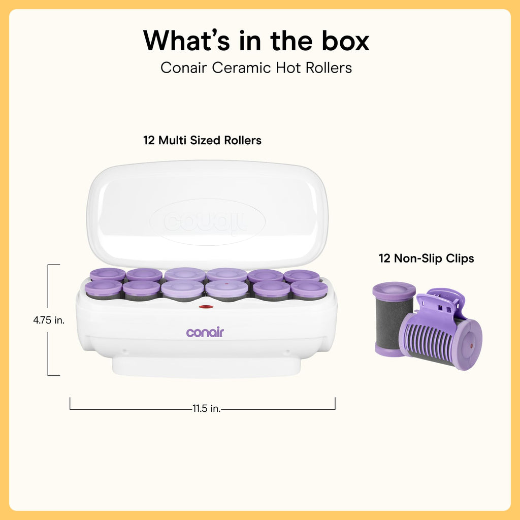 Conair Ceramic Hot Rollers, 1 3/4" & 1 1/2" Rollers, Lavender, 12 Count | Heated hair rollers in 2 jumbo sizes heat in 85 seconds to create long-lasting volume on shoulder-length hair and beyond