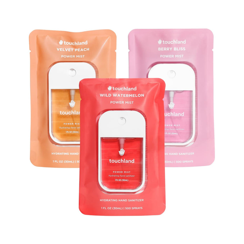 Buy now Touchland Hydrating Hand Sanitizer Spray, JUICY Trio Set (Watermelon, Peach, Berry), 1 FL. OZ. Travel Size Power Mist Sprays (Set of 3) at indiglob india