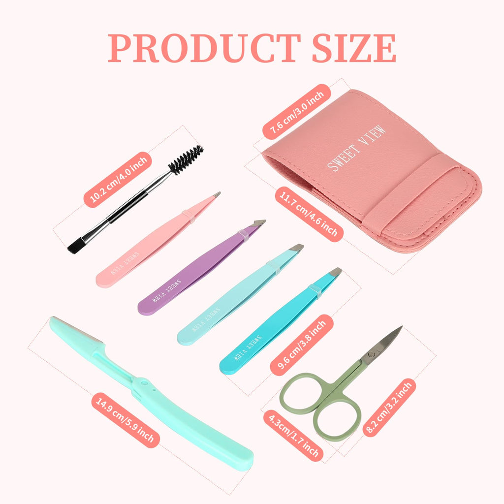 SWEET VIEW 7PCS Tweezers Kit for Women Facial Hair & Brow | Plucker with Eyebrow Scissors & Razor & Spoolie for Chin, Splinter and Ingrown Hair