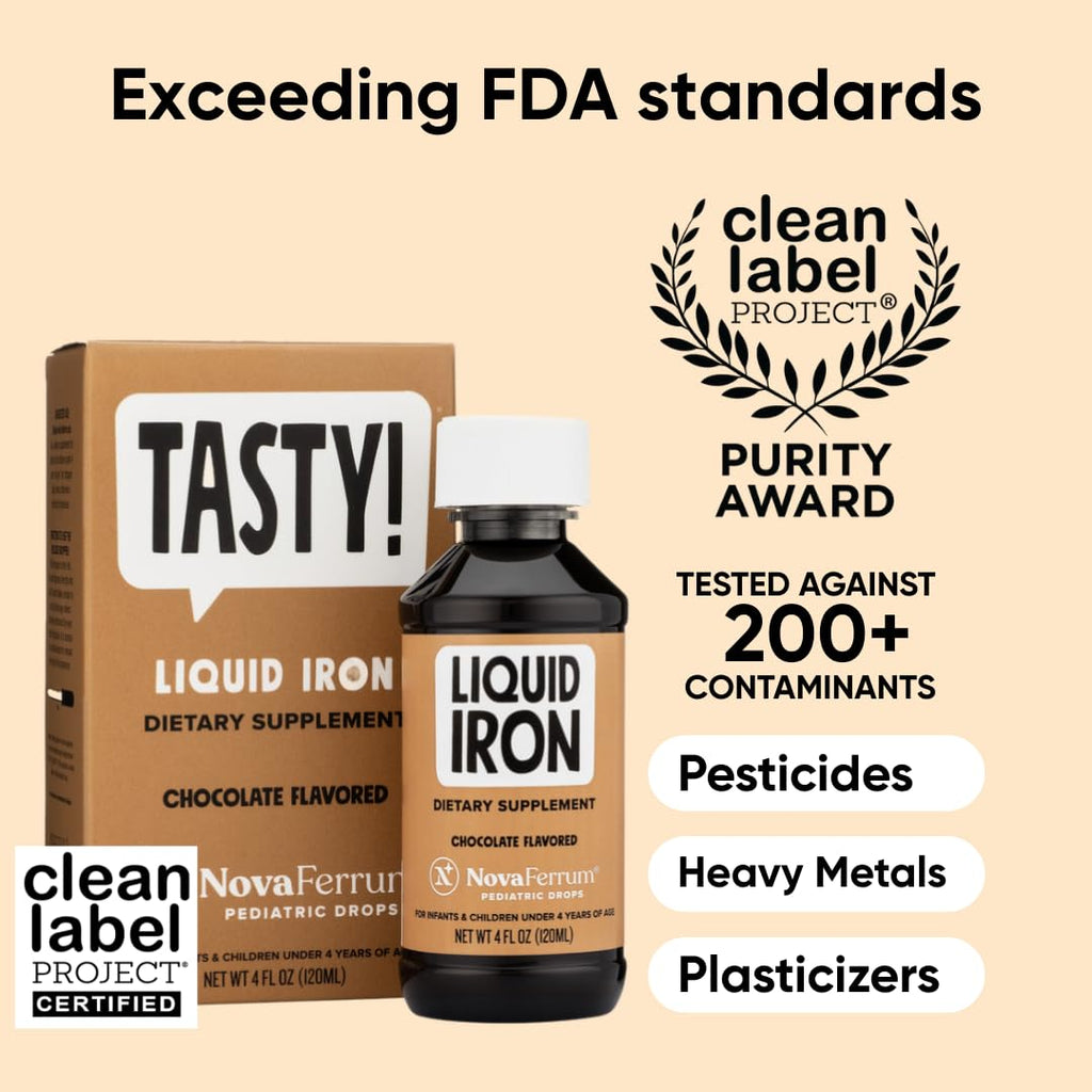 NovaFerrum Tasty Liquid Iron Supplement for Infants, Toddlers and Kids | Chocolate flavored pediatric drops,15mg per 1mL dose, gluten free and sugar-free, 120 servings for ages 4 and under