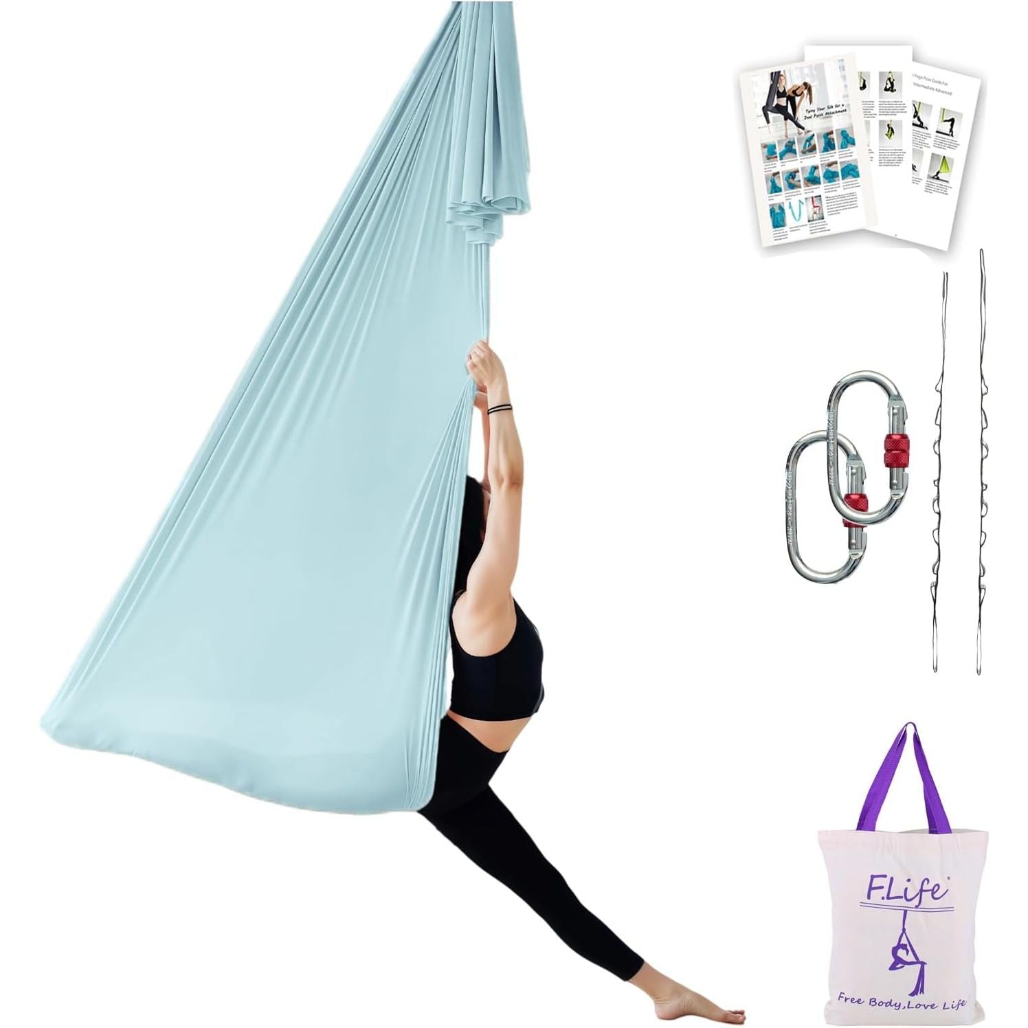 Buy now F.Life Aerial Silk Yoga Hammock & Swing for yoga Inversion,Strength training,starter hardware kit Lake blue at indiglob india