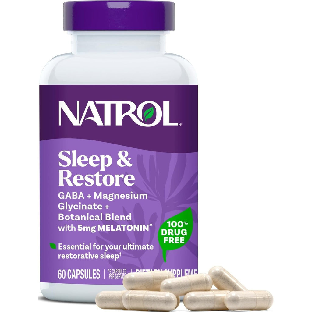 Natrol Sleep & Restore Magnesium and 5mg Melatonin Sleep Aid, 60 Capsules | Nighttime Sleep-Aid, Support Relaxation, Calm Magnesium Glycinate, with GABA, Botanical Blend, 100% Drug-Free, 30 Day Supply