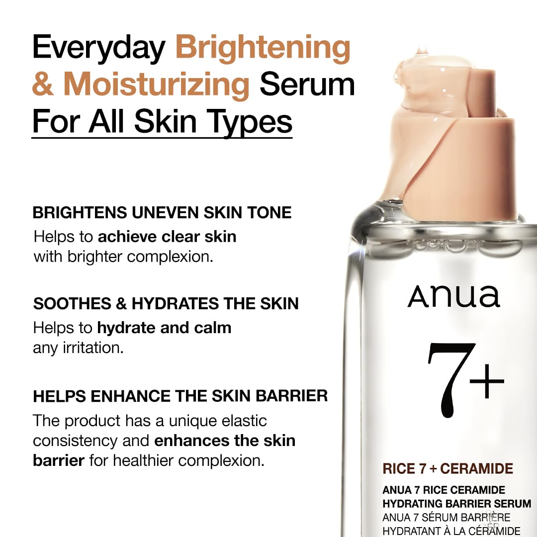 Anua Rice Ceramide 7 Hydrating Barrier Serum, 1.69 fl oz | Moisturizing Face Serum, Non-comedogenic, Hyaluronic Acid, Niacinamide, Lightweight, Fragrance Free, Sensitive Dry Skin