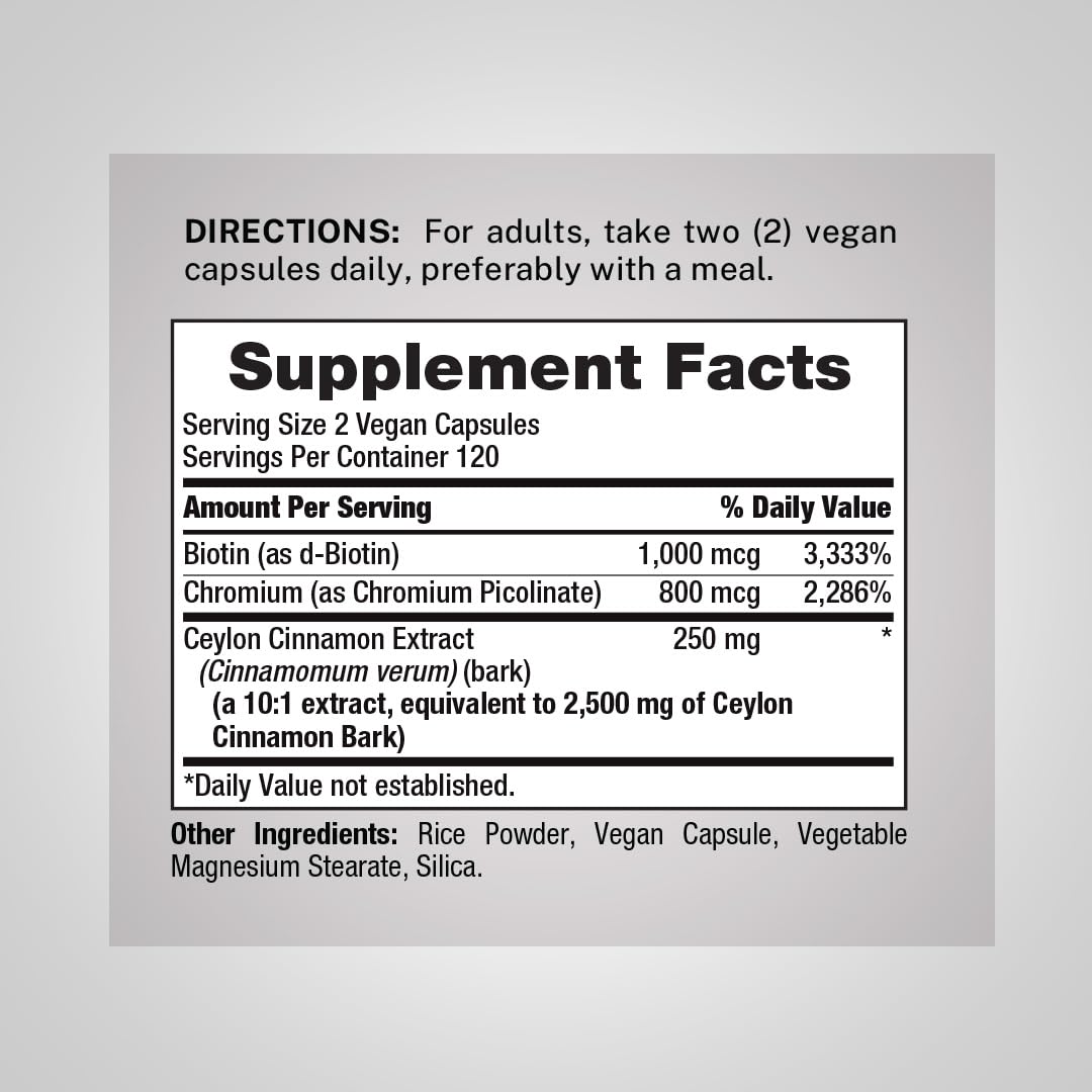 Piping Rock Super Ceylon Cinnamon Complex Capsules | 240 Powder Pills | Extract Supplement with Chromium and Biotin | Vegetarian, Non-GMO, Gluten Free
