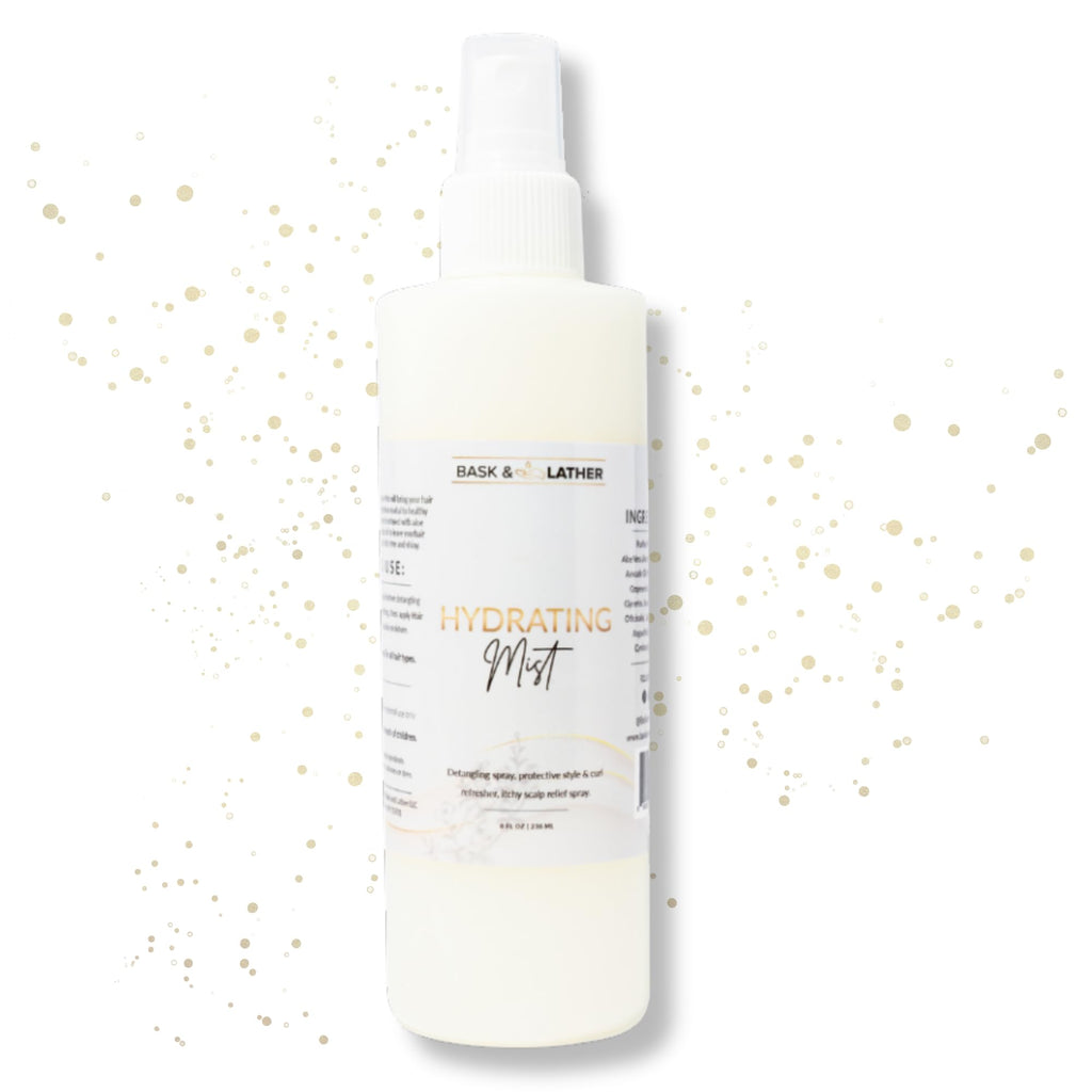 BASK & LATHER Hydrating Hair Mist, Leave-In Conditioner, Itchy Scalp Relief, Detangler, Curl Definer, Aloe Vera, Avocado Oil, For All Hair Types, 8 oz