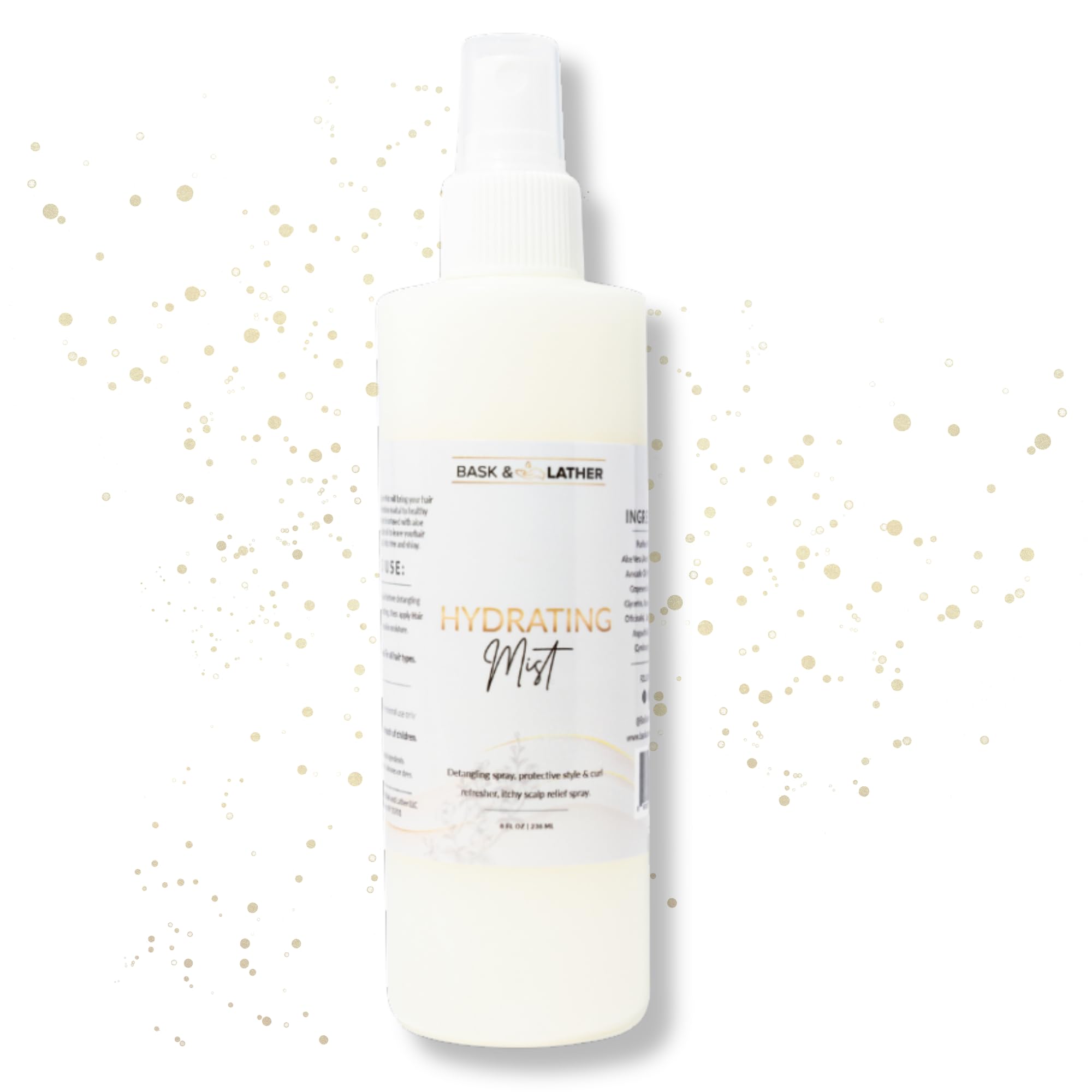 BASK & LATHER Hydrating Hair Mist, Leave-In Conditioner, Itchy Scalp Relief, Detangler, Curl Definer, Aloe Vera, Avocado Oil, For All Hair Types, 8 oz