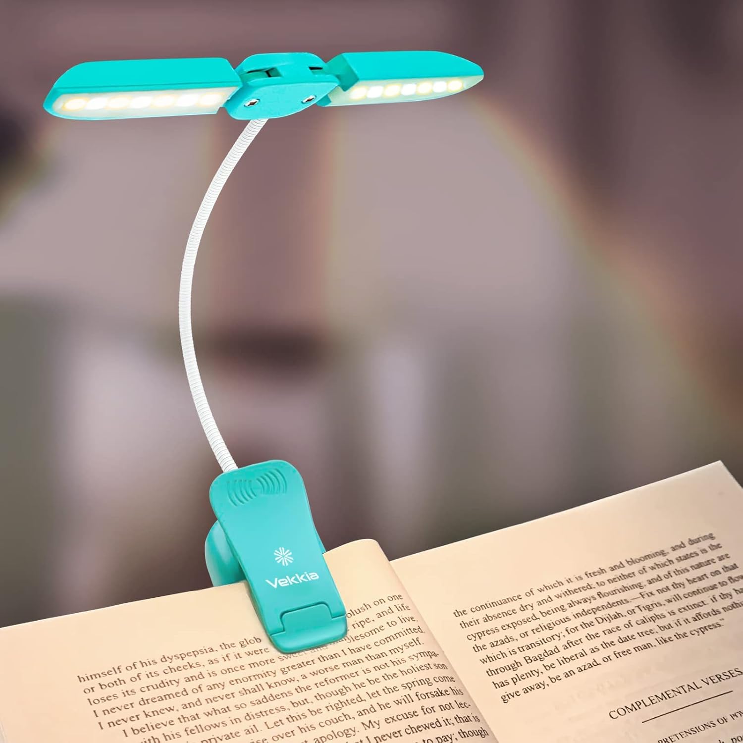 Buy now Vekkia 14 LED Rechargeable Book Light for Reading at Night, Eye-Care Reading Light for Books in Bed, 180° Adjustable, Clip on Lamp, 3 Color Temperatures, Lightweight, Present for Reader Blue at indiglob india