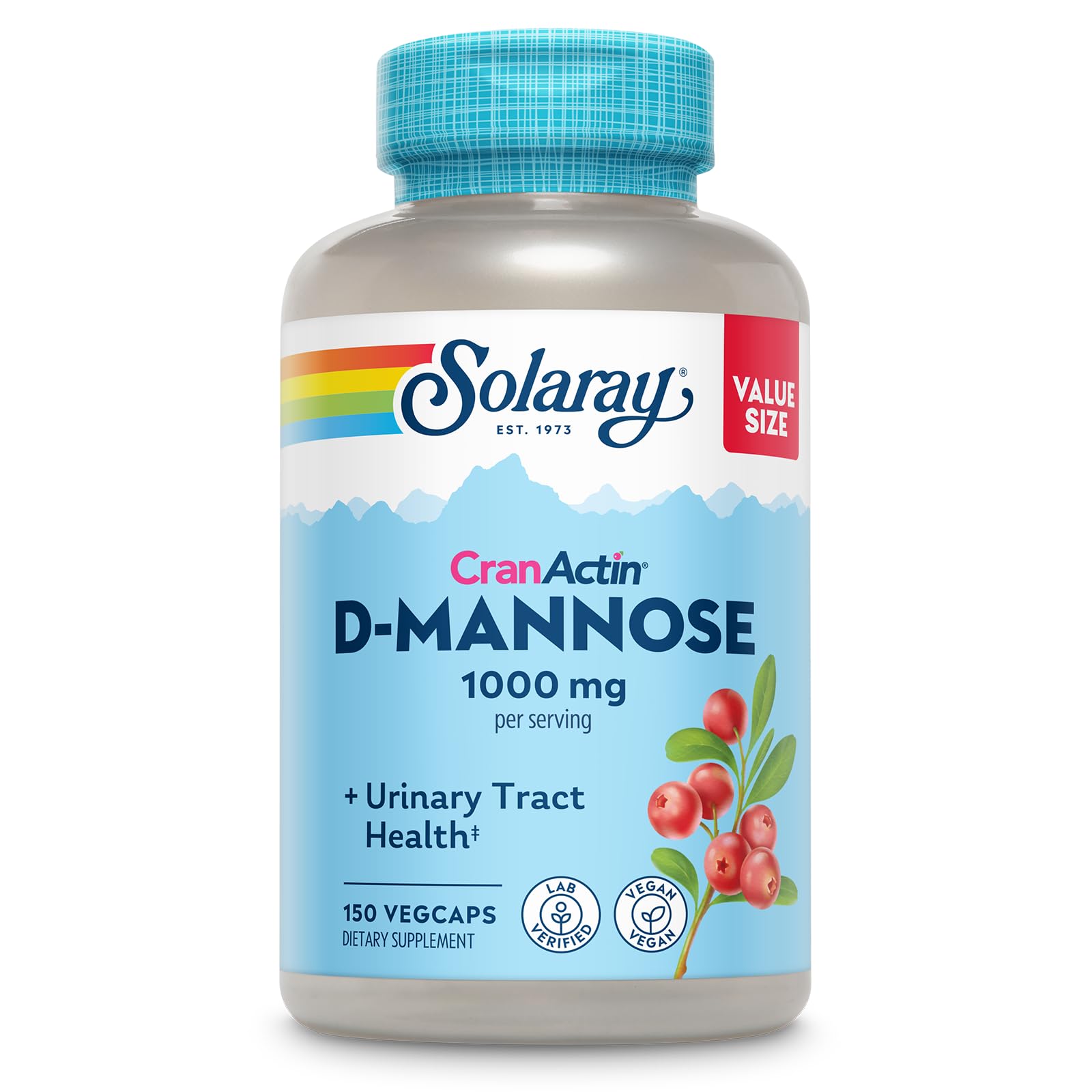 SOLARAY D-Mannose with CranActin Cranberry 400 mg, 60 VegCaps | Urinary Tract & Bladder Support - D-Mannose, CranActin Cranberry & Vitamin C - 30 Servings - Vegan, Lab Verified