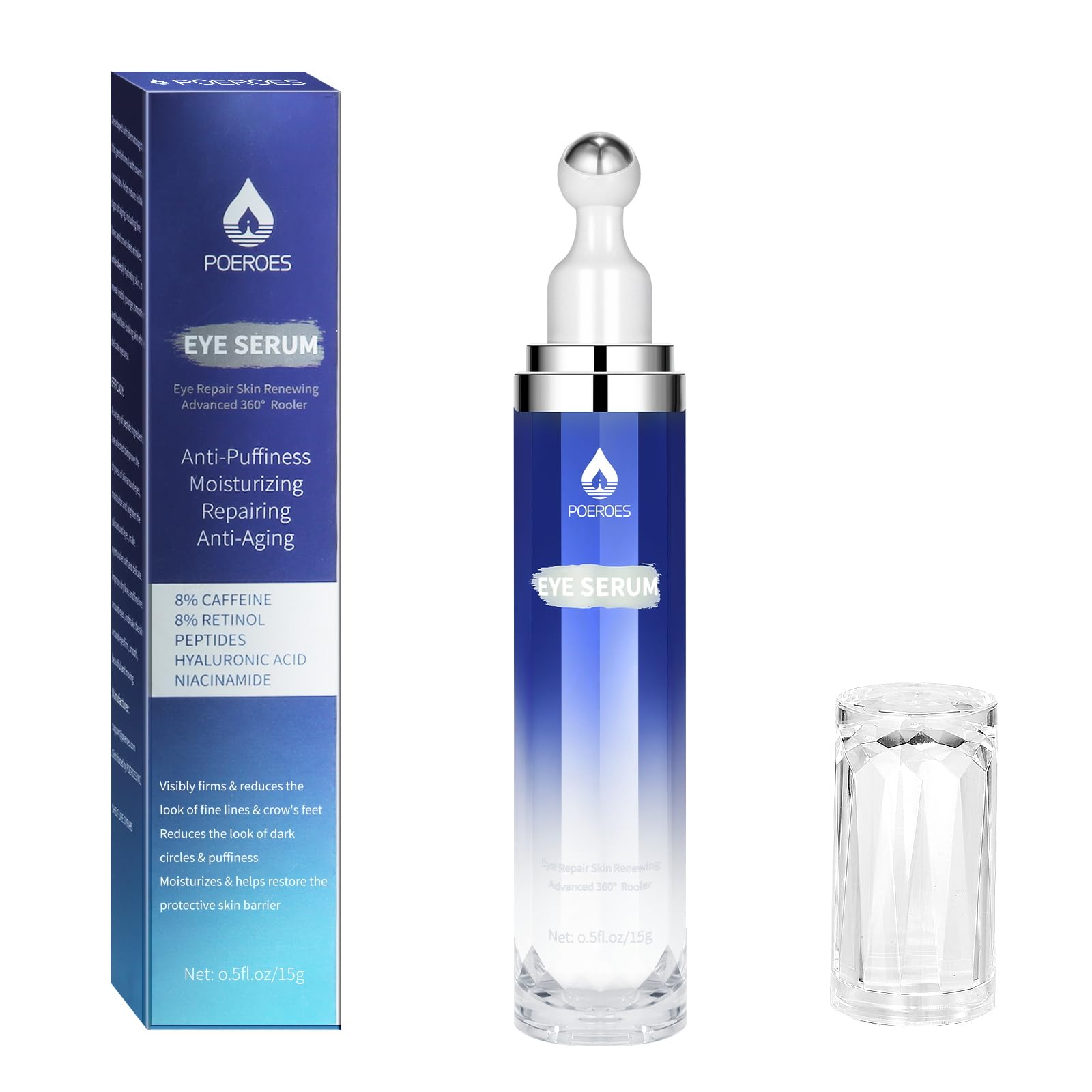 Eye Serum with 8% Caffeine & 8% Retinol Under Eye Cream 0.5 Fl Oz | Hyaluronic Acid Niacinamide & Peptides 360° Cooling Roller for Dark Circles Puffiness Fine Lines & Wrinkles,