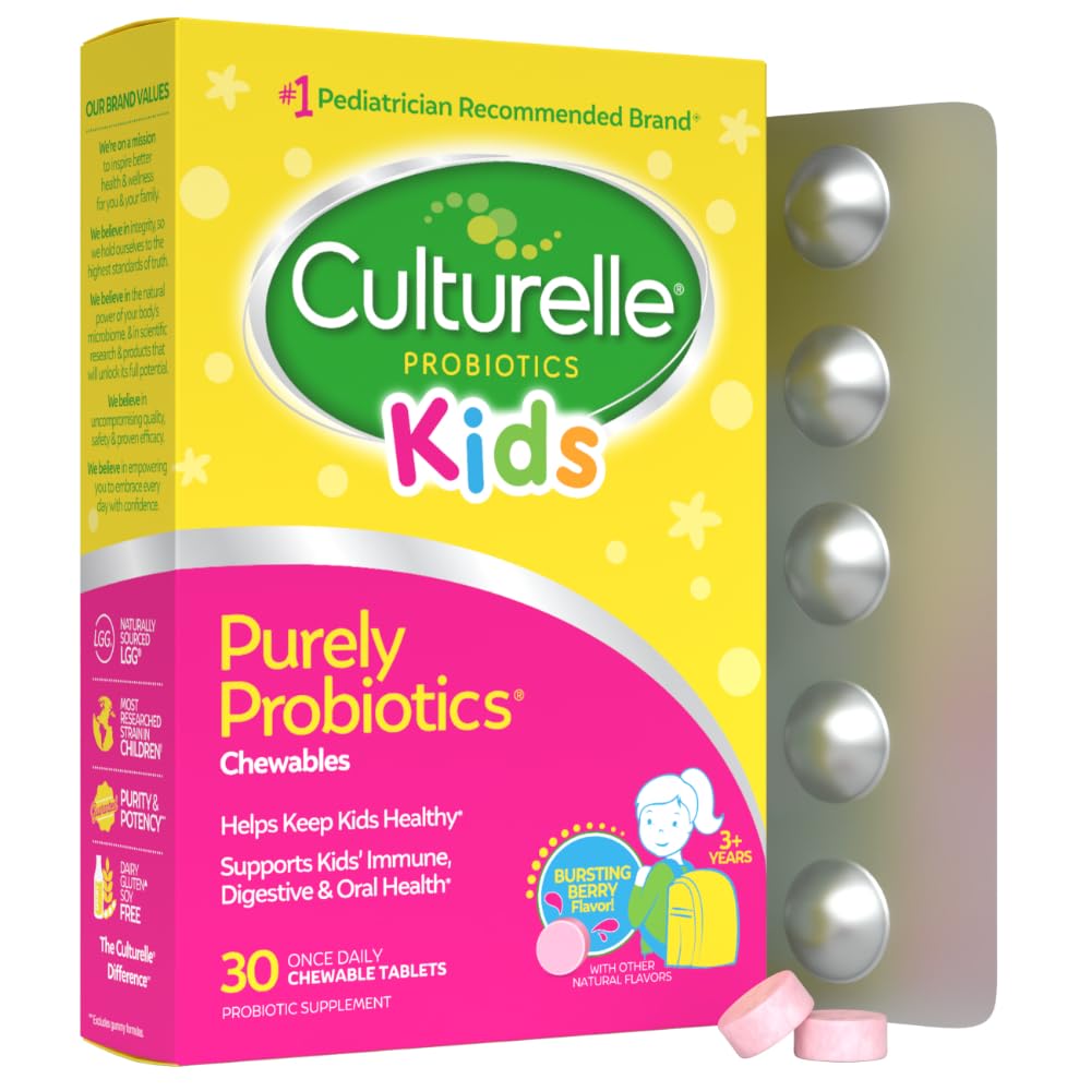 Culturelle Daily Chewable Probiotics for Kids Ages 3+, Berry Flavor, 30 Ct | From the #1 Pediatrician Recommended Brand± Promotes Digestive Gut Health, Oral Care & Immune Support* 5B CFUs, Gluten Free