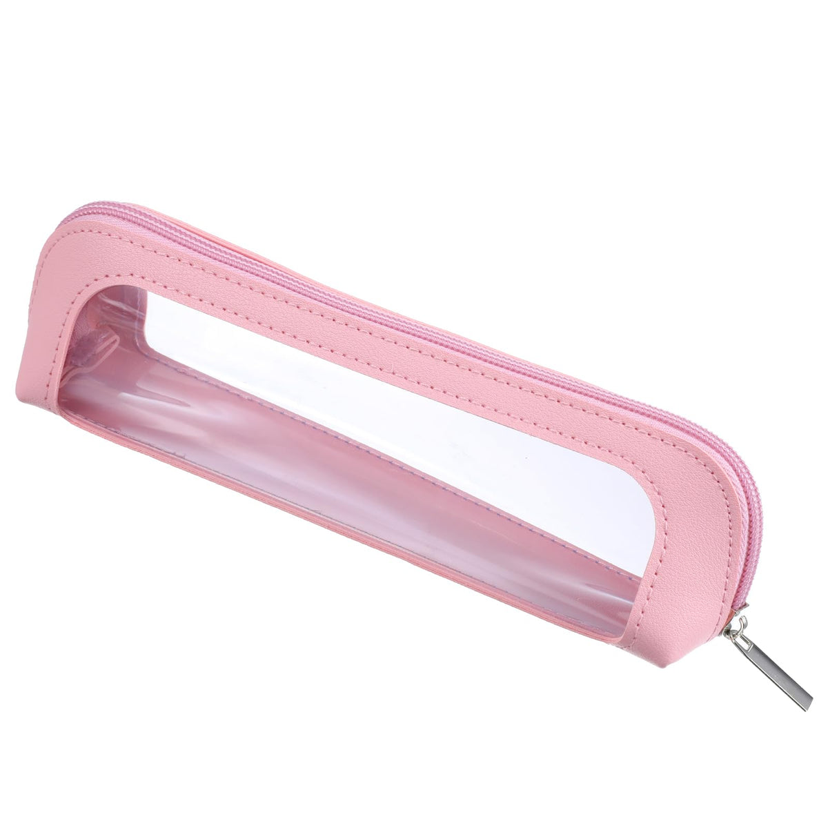 Premium imported Psyqtsuary small clear makeup bag with a stylish pink PU leather exterior and transparent window.