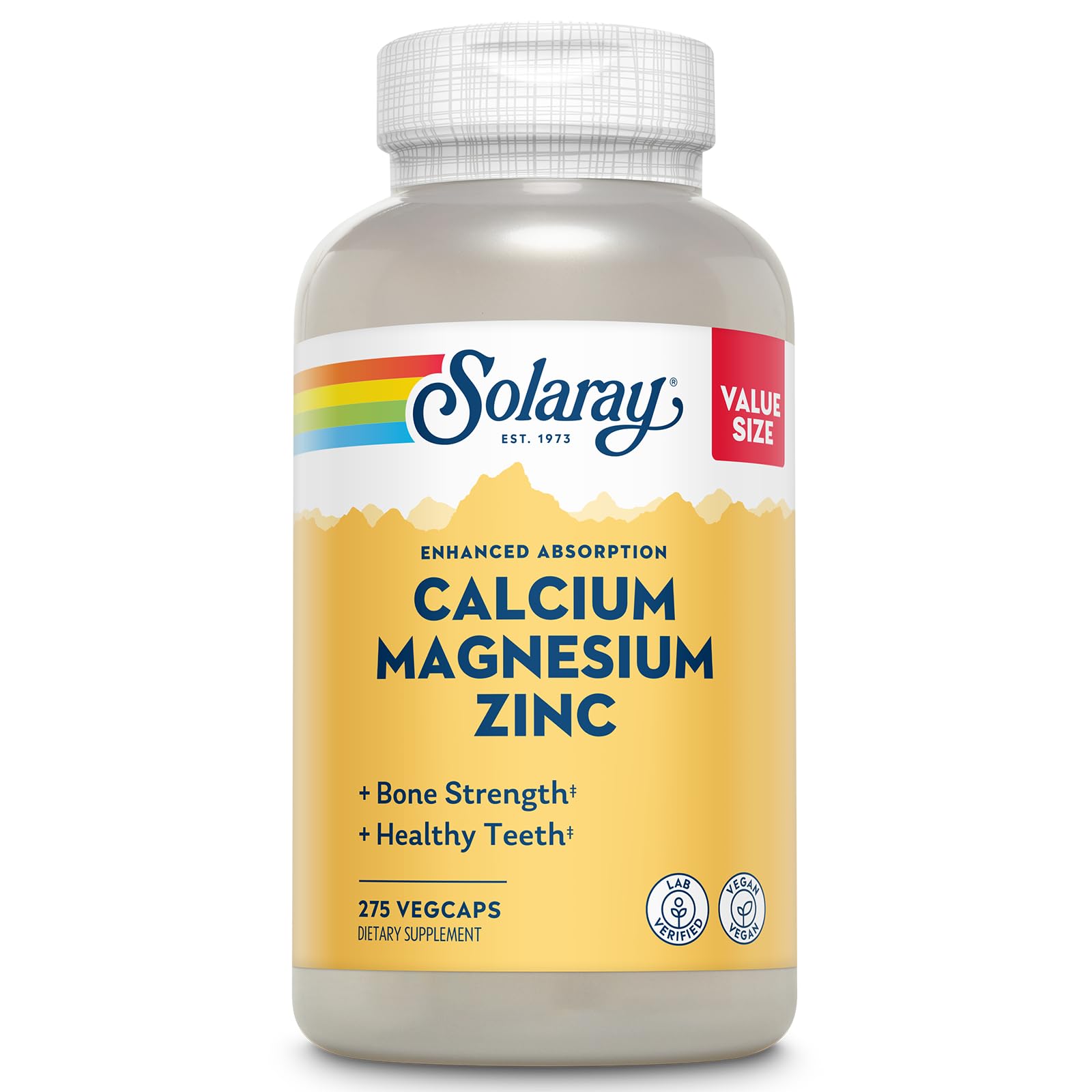 SOLARAY Calcium Magnesium Zinc, 275 VegCaps | Bone, Muscle, Heart & Immune Support, Calcium, Magnesium & Zinc Complex, 68 Servings, Vegan, Lab Verified