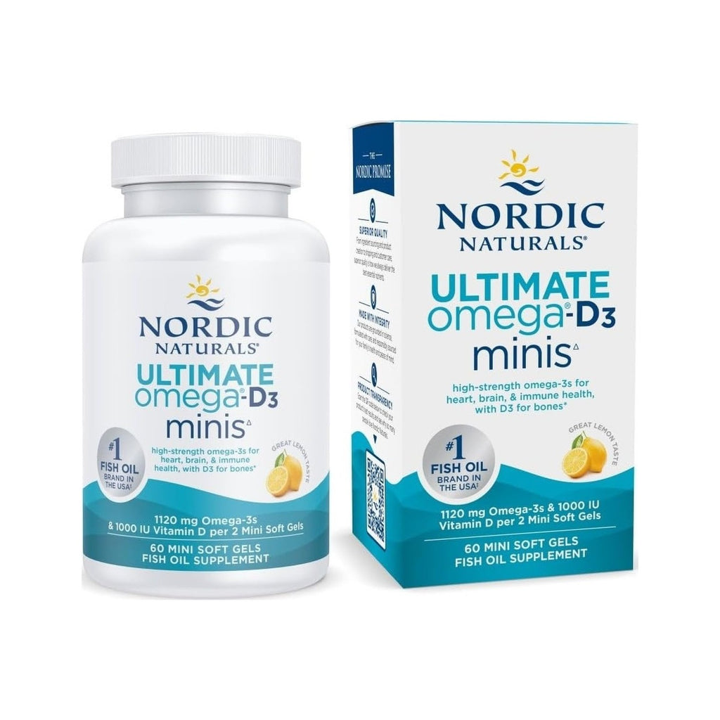 Nordic Naturals Ultimate Omega 2X Mini D3, 1120mg+1000IU, Lemon - 60 Count | Ultimate Omega mini soft gels with 1120mg EPA+DHA + 1000 IU D3. Supports brain, heart, bone & immune health. Lemon, 60ct