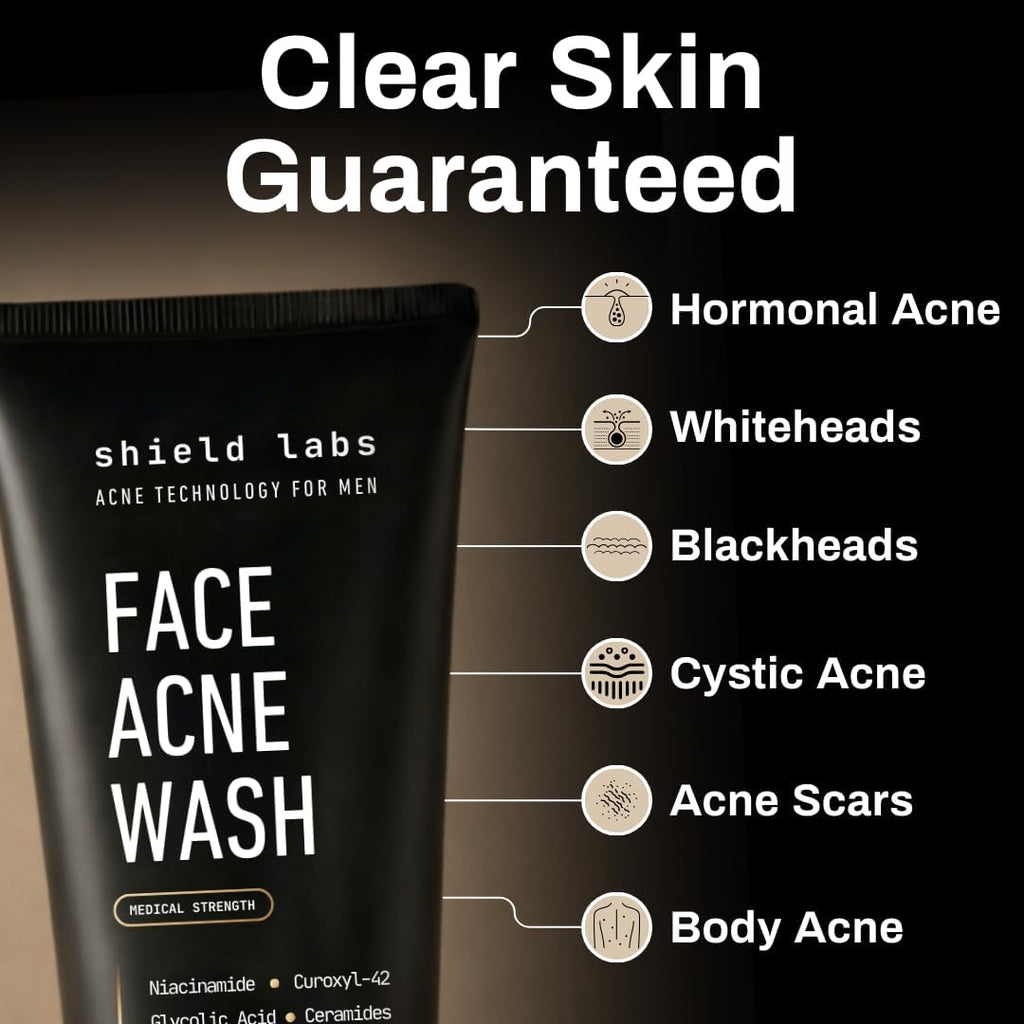 Shield Face Acne Wash for Men and Boys, Curoxyl-42 Face Wash to Clear, Treat, and Prevent Acne, Gentle formula with Niacinamide, Hyaluronic Acid, and Ceramides, Unscented, 5.1 oz, Pack of 1