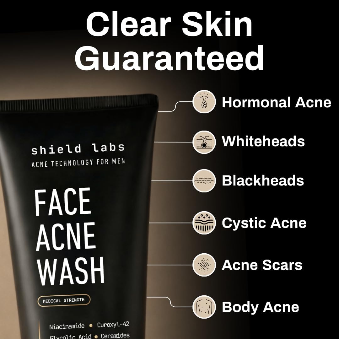 Shield Face Acne Wash for Men and Boys, Curoxyl-42 Face Wash to Clear, Treat, and Prevent Acne, Gentle formula with Niacinamide, Hyaluronic Acid, and Ceramides, Unscented, 5.1 oz, Pack of 1