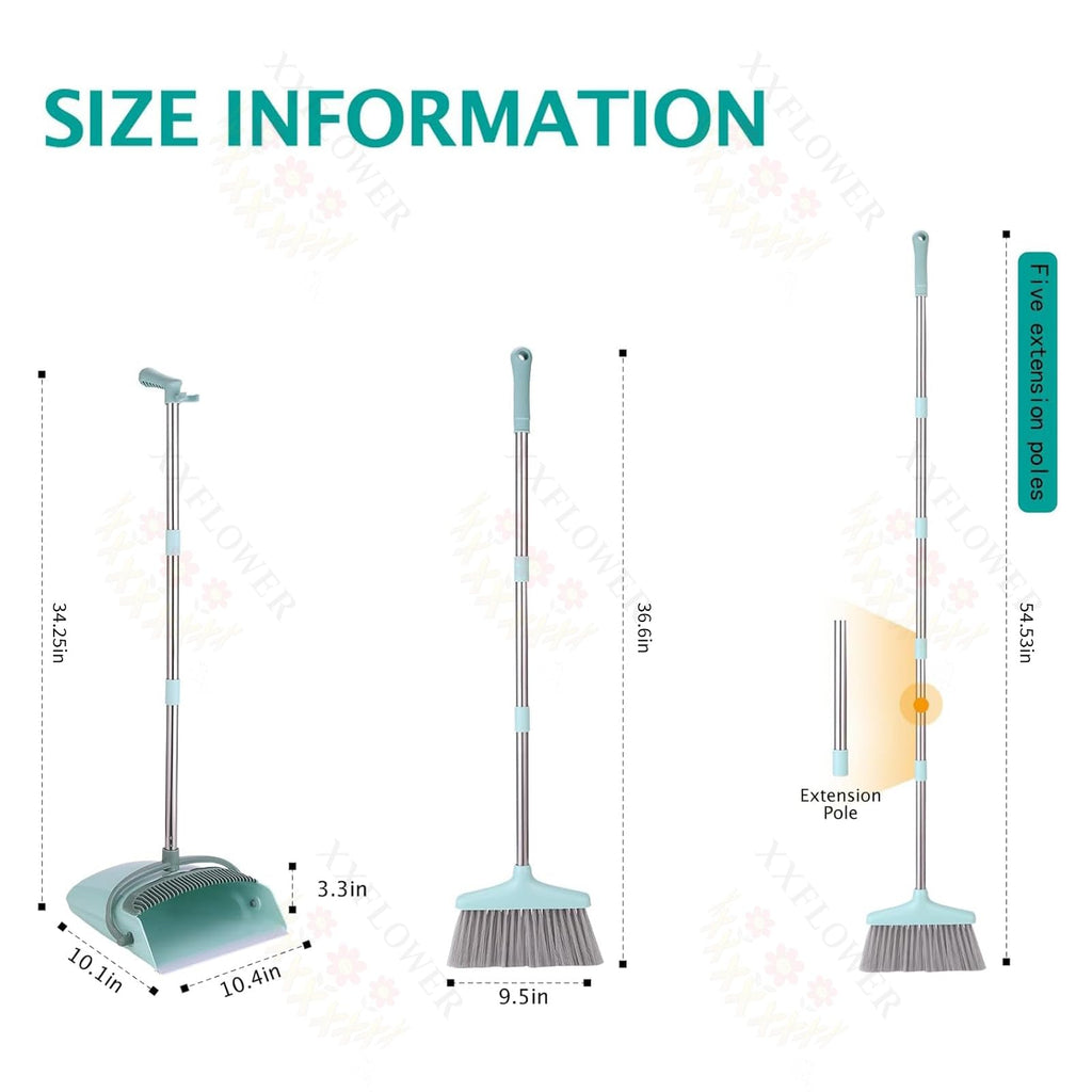 XXXFLOWER Broom and Dustpan Set with Cleaning Teeth, 54.5" Long Handle Indoor Sweeping Combo for Home Office Kitchen, Bluish Green