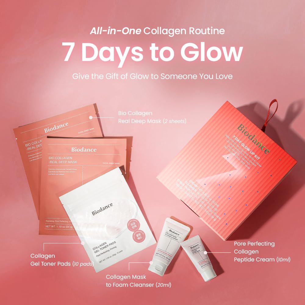 BIODANCE 7 Day Glow Up Kit: Collagen Gift Set for Glass-Skin, Korean Skin Care with Cleanser, Toner Pads, Moisturizer, Gel Masks, All-in-One Skin Care Set, Mothers Day Gifts