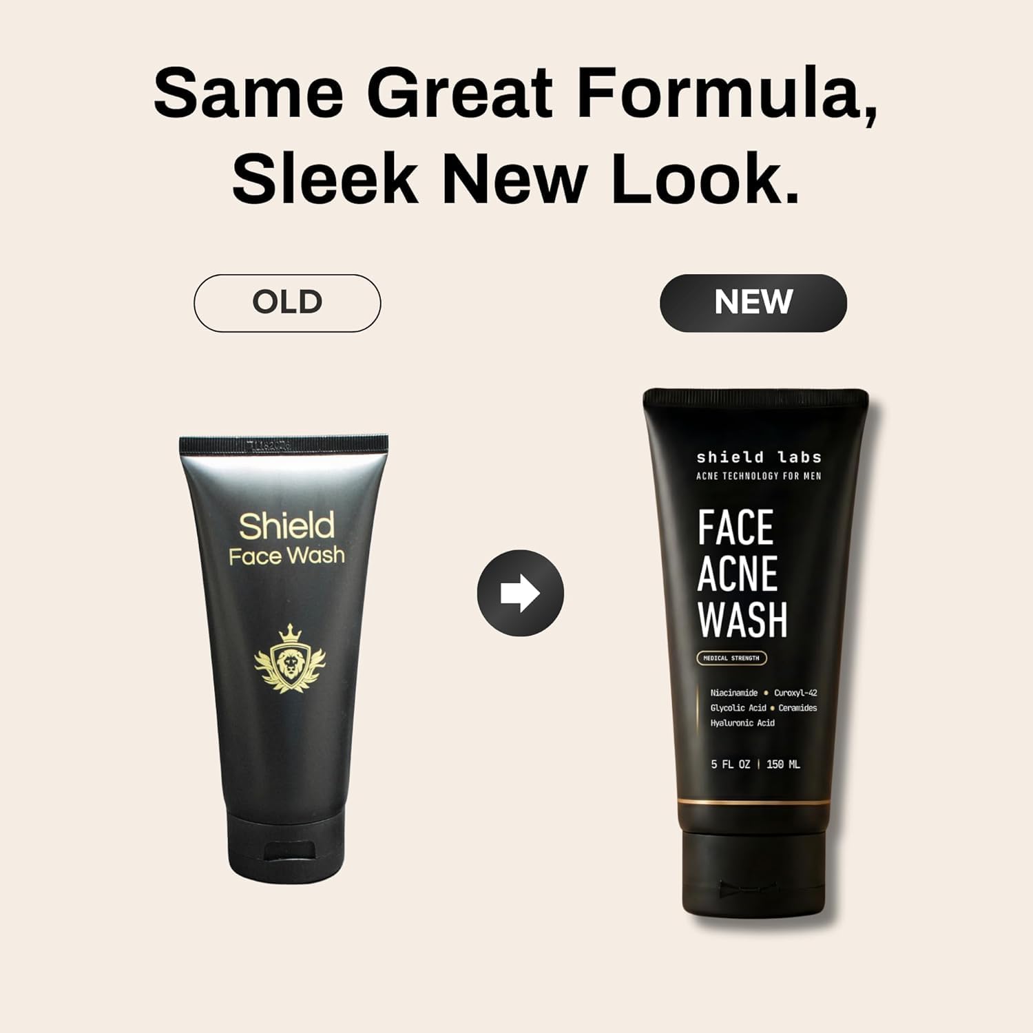 Shield Face Acne Wash for Men and Boys, Curoxyl-42 Face Wash to Clear, Treat, and Prevent Acne, Gentle formula with Niacinamide, Hyaluronic Acid, and Ceramides, Unscented, 5.1 oz, Pack of 1