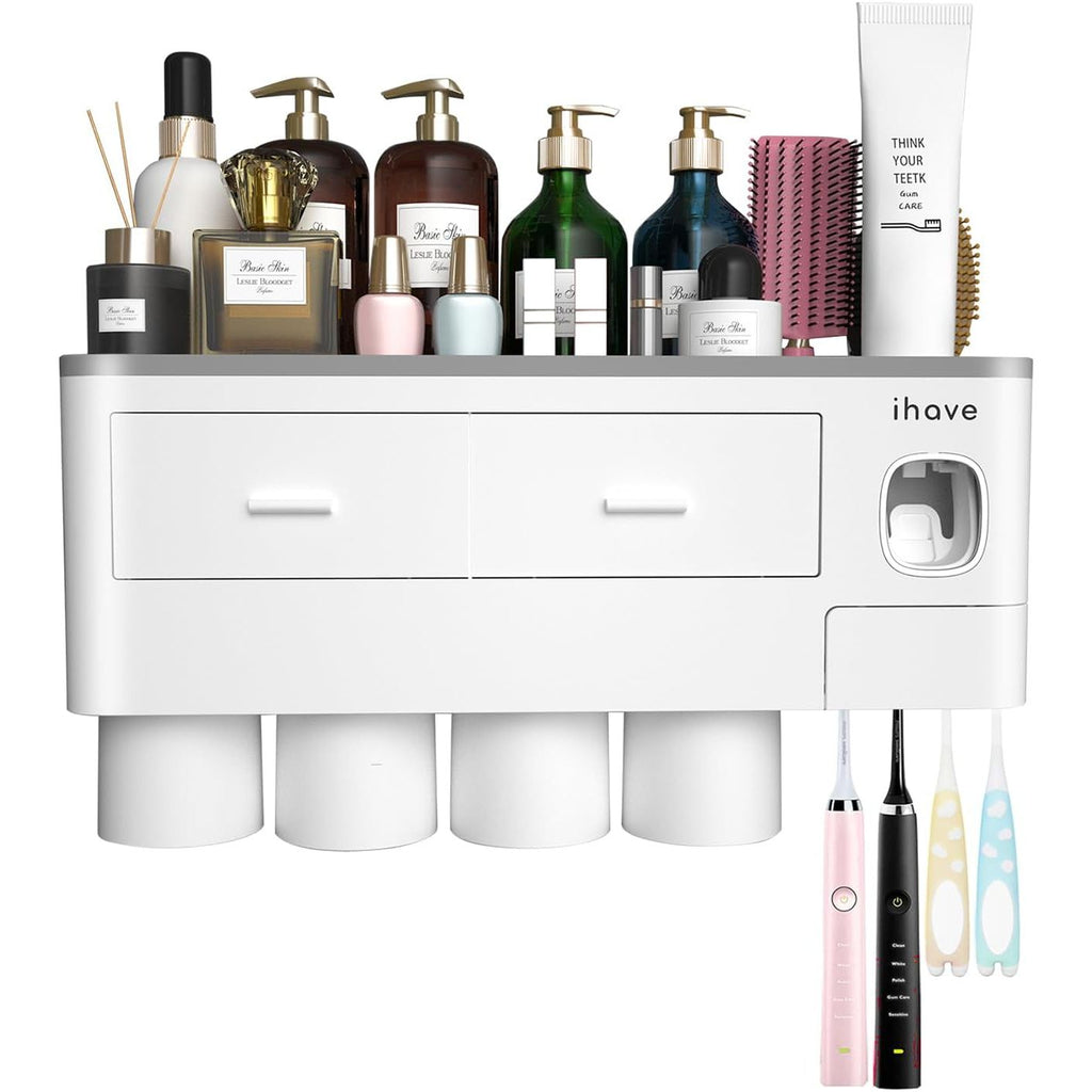 Buy now iHave Toothbrush Holders for Bathrooms, 4 Cups Toothbrush Holder Wall Mounted with Toothpaste Dispenser - Large Capacity Tray, 2 Cosmetic Drawer - Bathroom Organizer & Bathroom Accessories Set at indiglob india