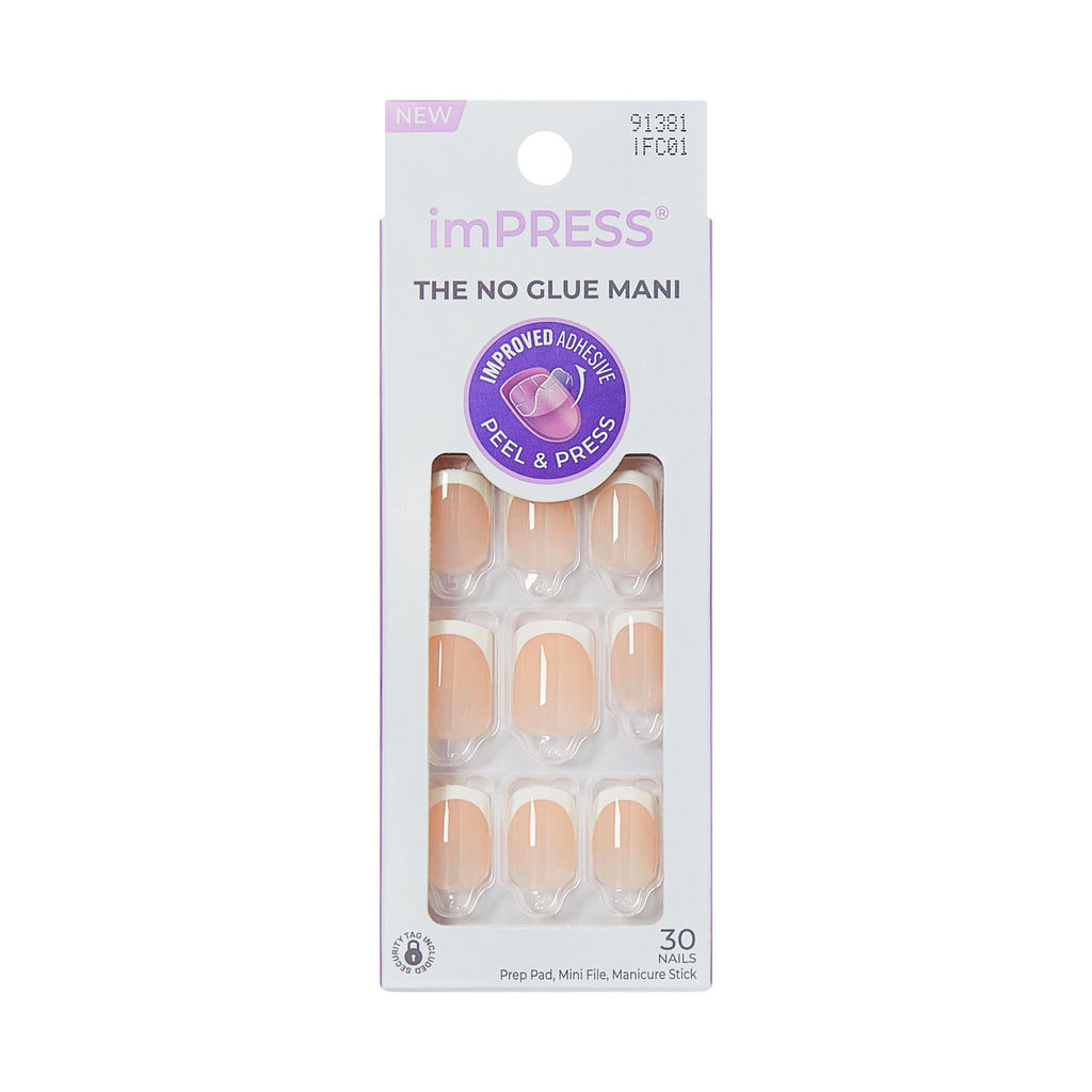 Kiss Impress No Glue Mani Press On Nails, Model, Classic French Manicure Kit, 30 Light Neutral + White Tip, Short Squoval, With IMPROVED Adhesive, Includes Prep Pad, Manicure Stick & Mini File