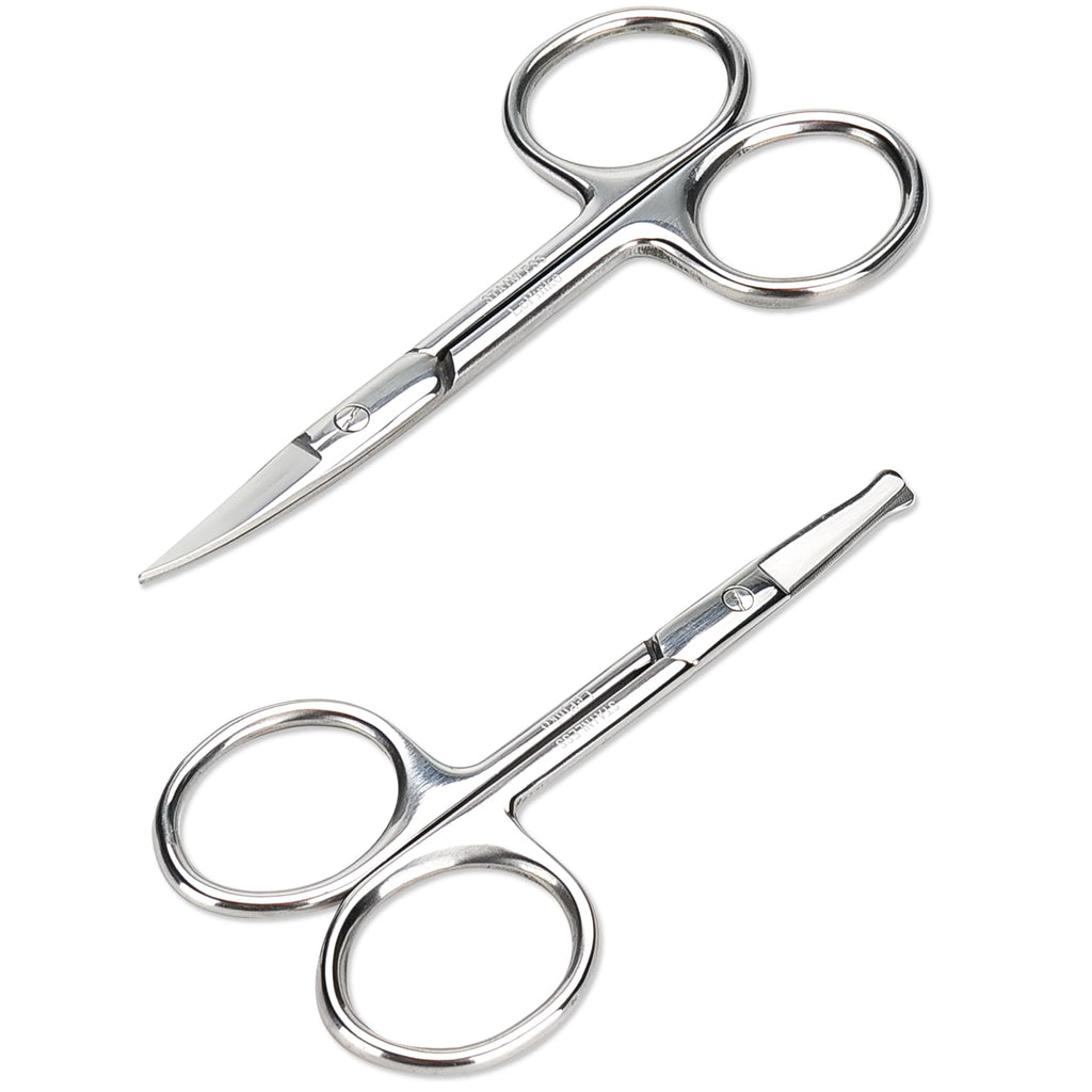 Facial Hair Small Grooming Scissors For Men Women, 2PCS Silver | Eyebrow, Nose Hair, Mustache, Beard, Eyelashes, Ear Trimming Kit, Curved and Rounded Safety Tip, Hair Cutting Clippers