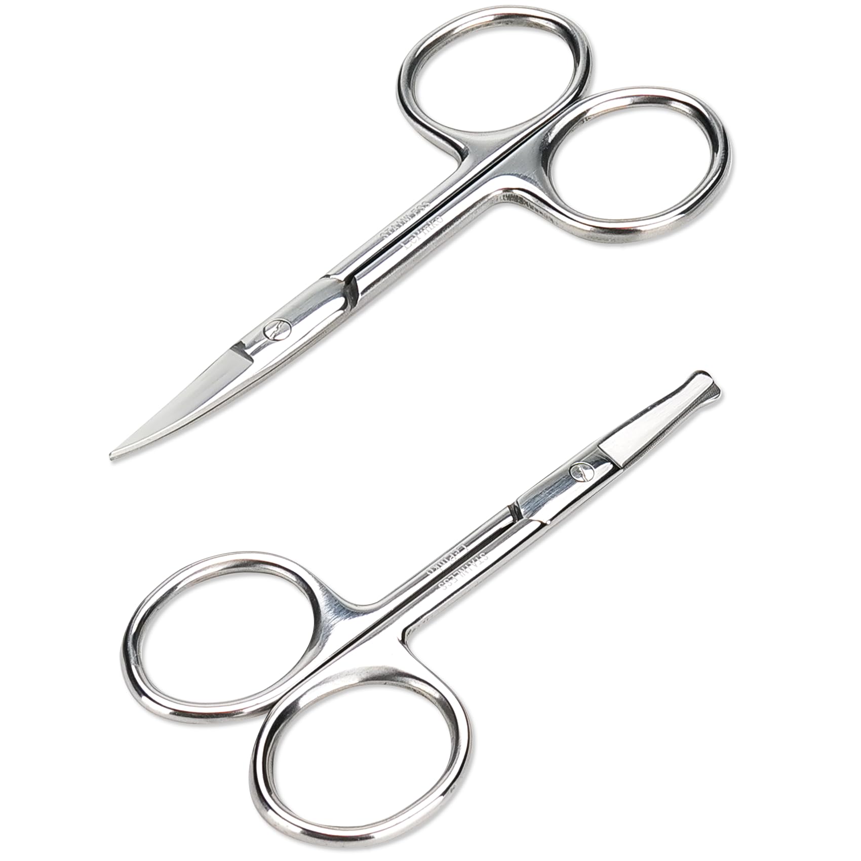 Facial Hair Small Grooming Scissors For Men Women, 2PCS Silver | Eyebrow, Nose Hair, Mustache, Beard, Eyelashes, Ear Trimming Kit, Curved and Rounded Safety Tip, Hair Cutting Clippers