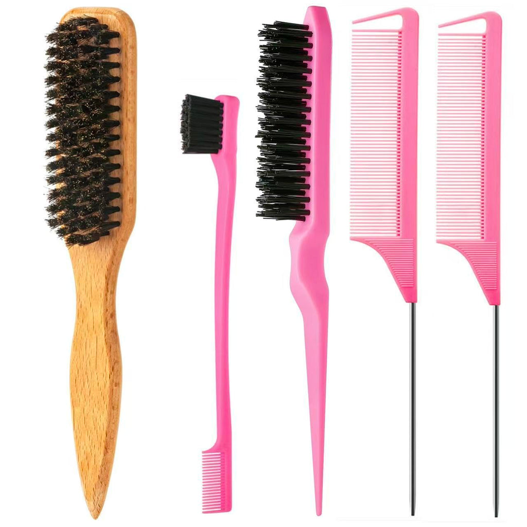 ZVOREI 8Pcs Hair Brushes Set wit, Pink 4Pcs Topsy Hair Tail Tools | 1Pcs Bristle Teasing Hair Brush 1Pcs Edge Control Brush 2Pcs Metal Pin Rat Tail Combs for Woman Girl Hair Styling