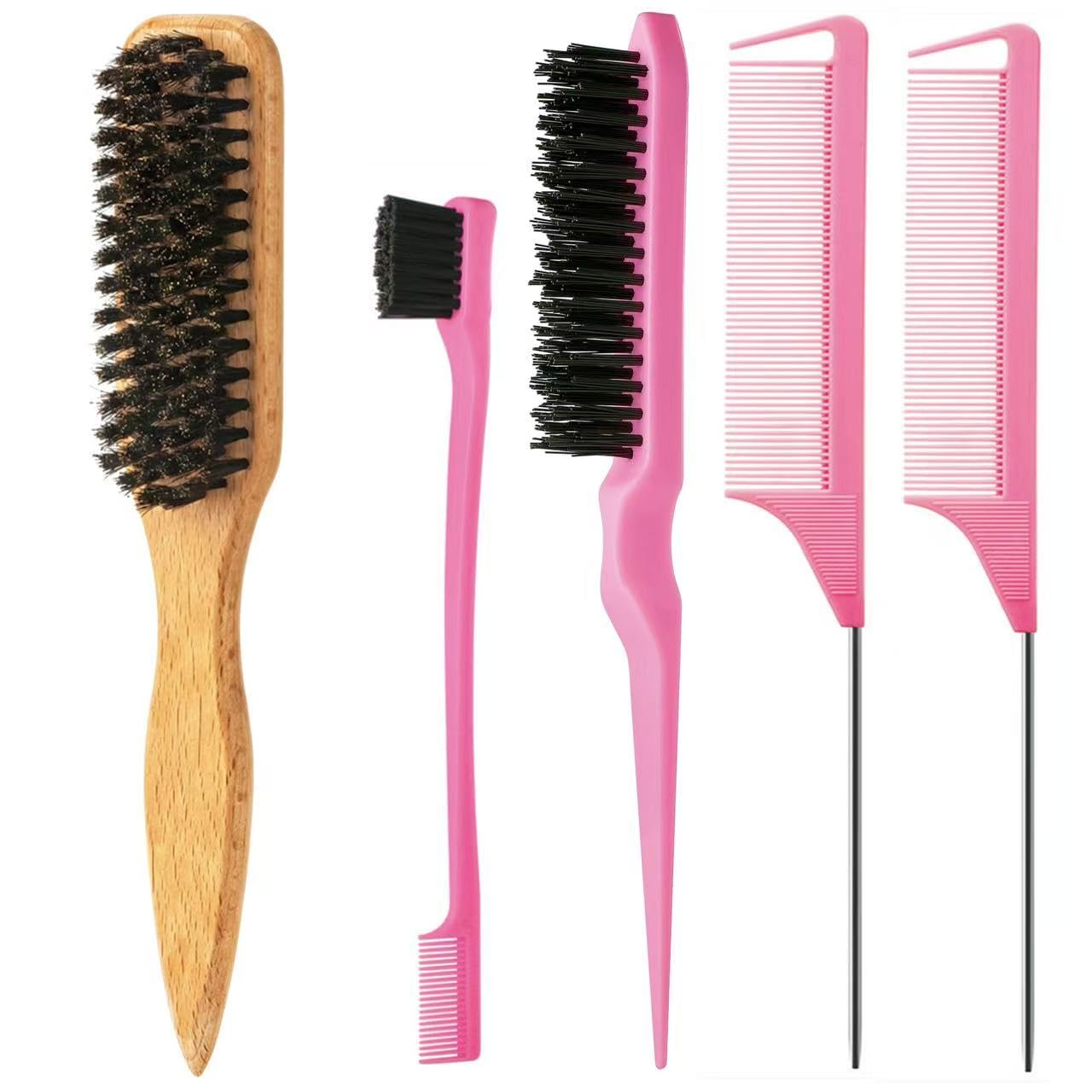 ZVOREI 8Pcs Hair Brushes Set wit, Pink 4Pcs Topsy Hair Tail Tools | 1Pcs Bristle Teasing Hair Brush 1Pcs Edge Control Brush 2Pcs Metal Pin Rat Tail Combs for Woman Girl Hair Styling